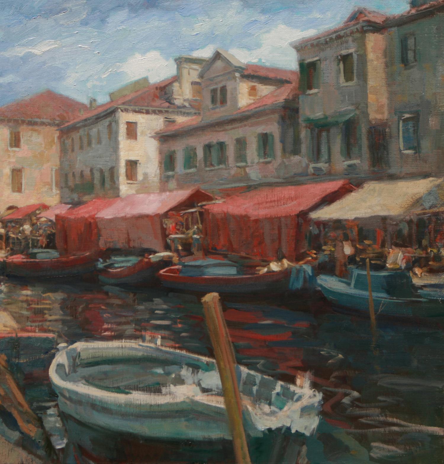 Venetian Canal was painted in 2023 for an exhibition at Jack Meier Gallery in Houston, TX by William Kalwick. The artist did a study on one of the canals in Venice and William Kalwick did this painting in his studio in Houston. Venetian Canal is a