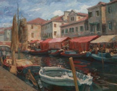 Venezianischer Kanal, Öl auf Leinwand, gerahmter Impressionismus, 19"x 24 "