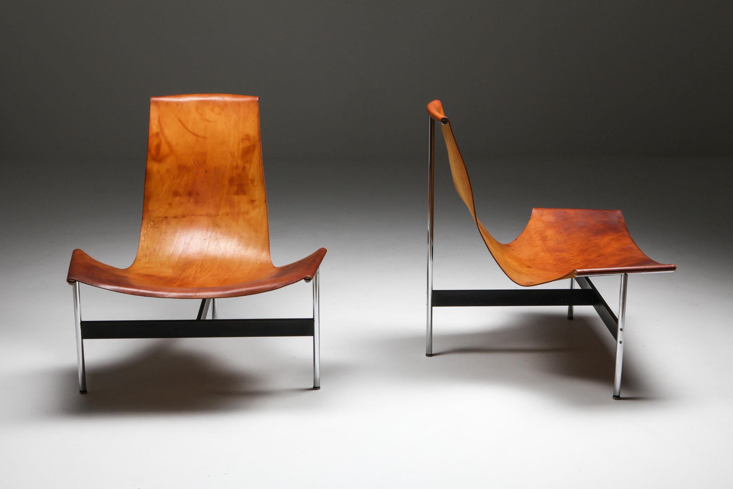 William Katavolos, Kelley and Littell, Laverne International, chrome-plated steel, enameled steel and leather, United States, 1952; Lounge chair; Side chair; Living room set; American Design; New York. One chair available.

In 1952 William