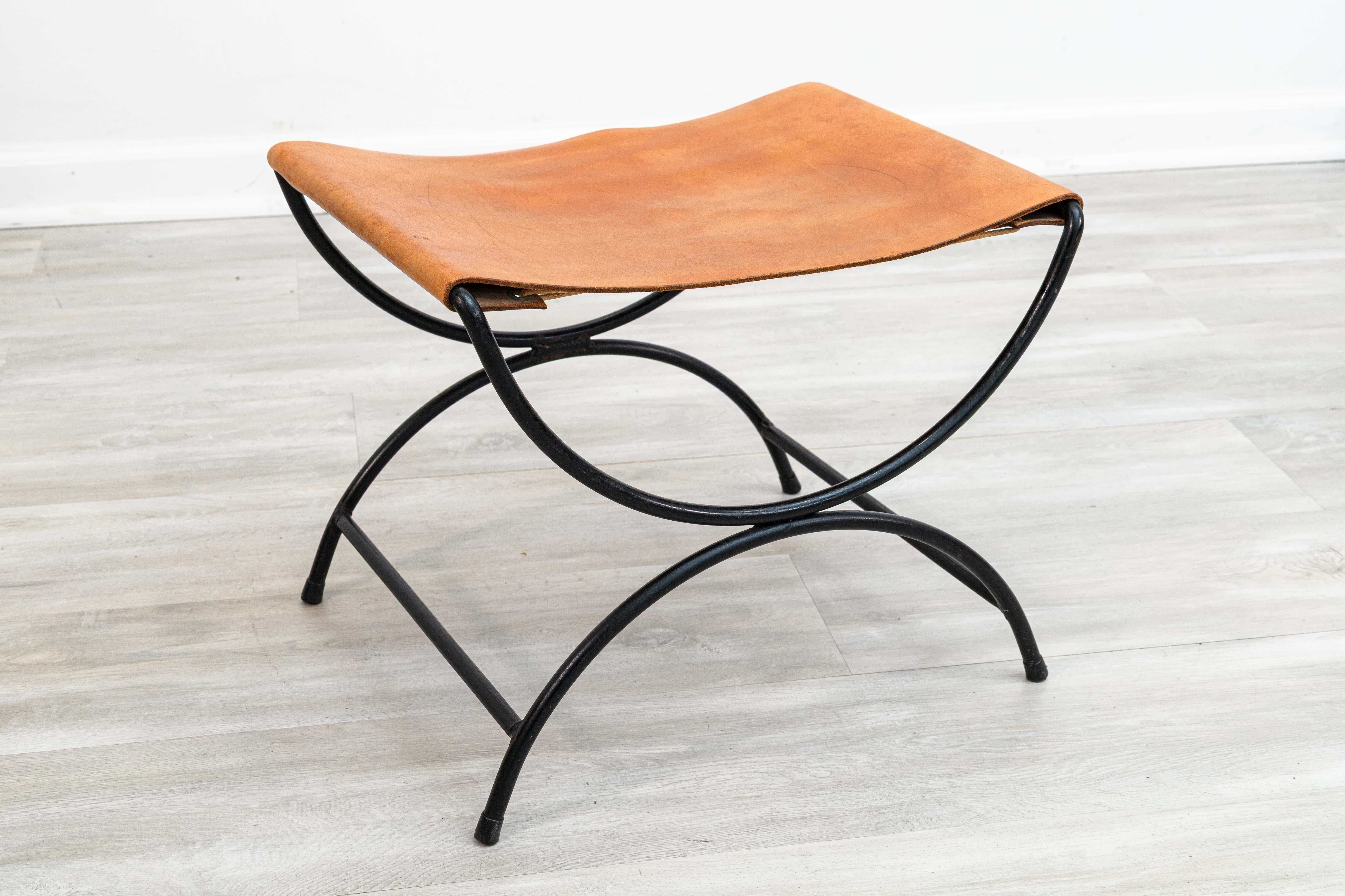 William Katavolos for Leathercrafters Leather and Iron Sling Chair and Ottoman 3