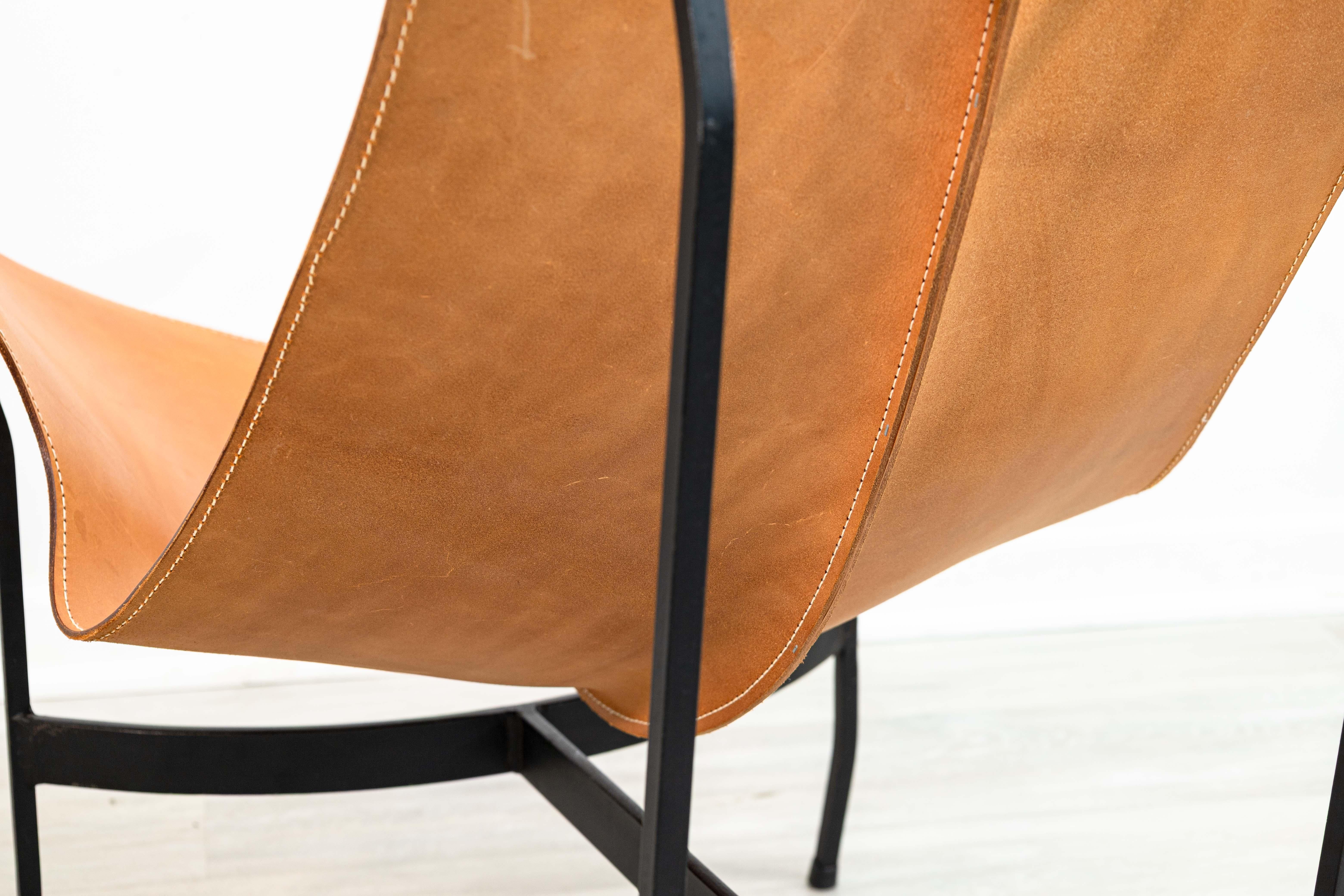 Metal William Katavolos for Leathercrafters Leather and Iron Sling Chair and Ottoman