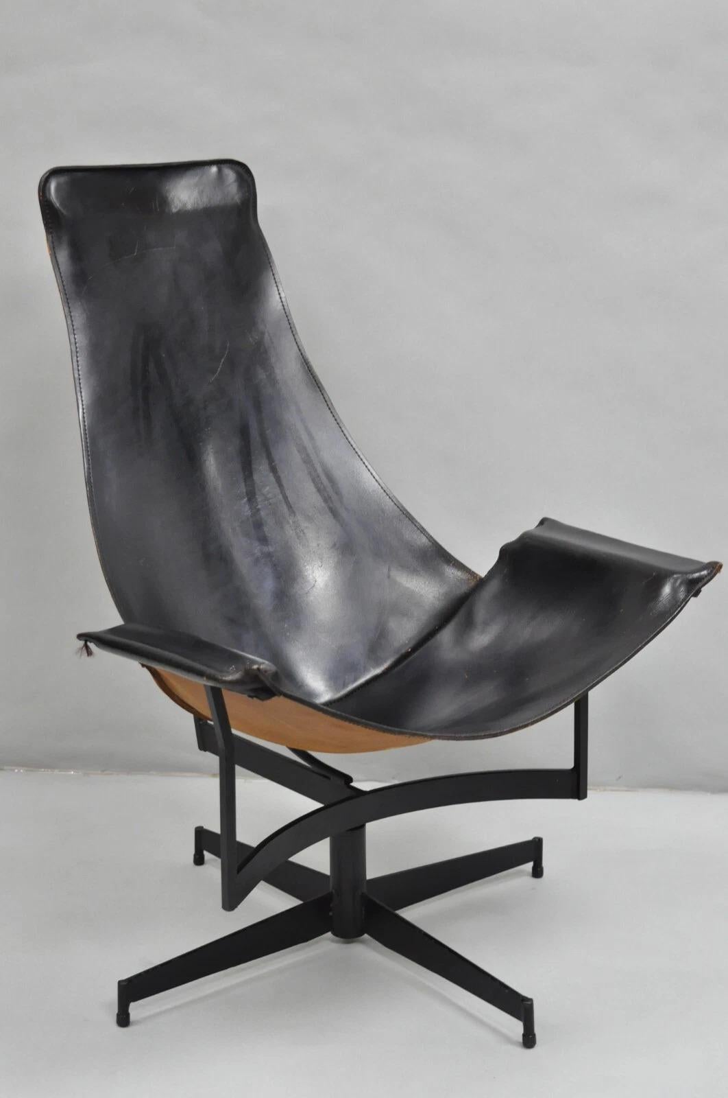  Vintage William Katavolos Mid Century Modern Black Leather Sling Steel Frame K Lounge Chair. Circa Mid 20th Century. Measurements: 37