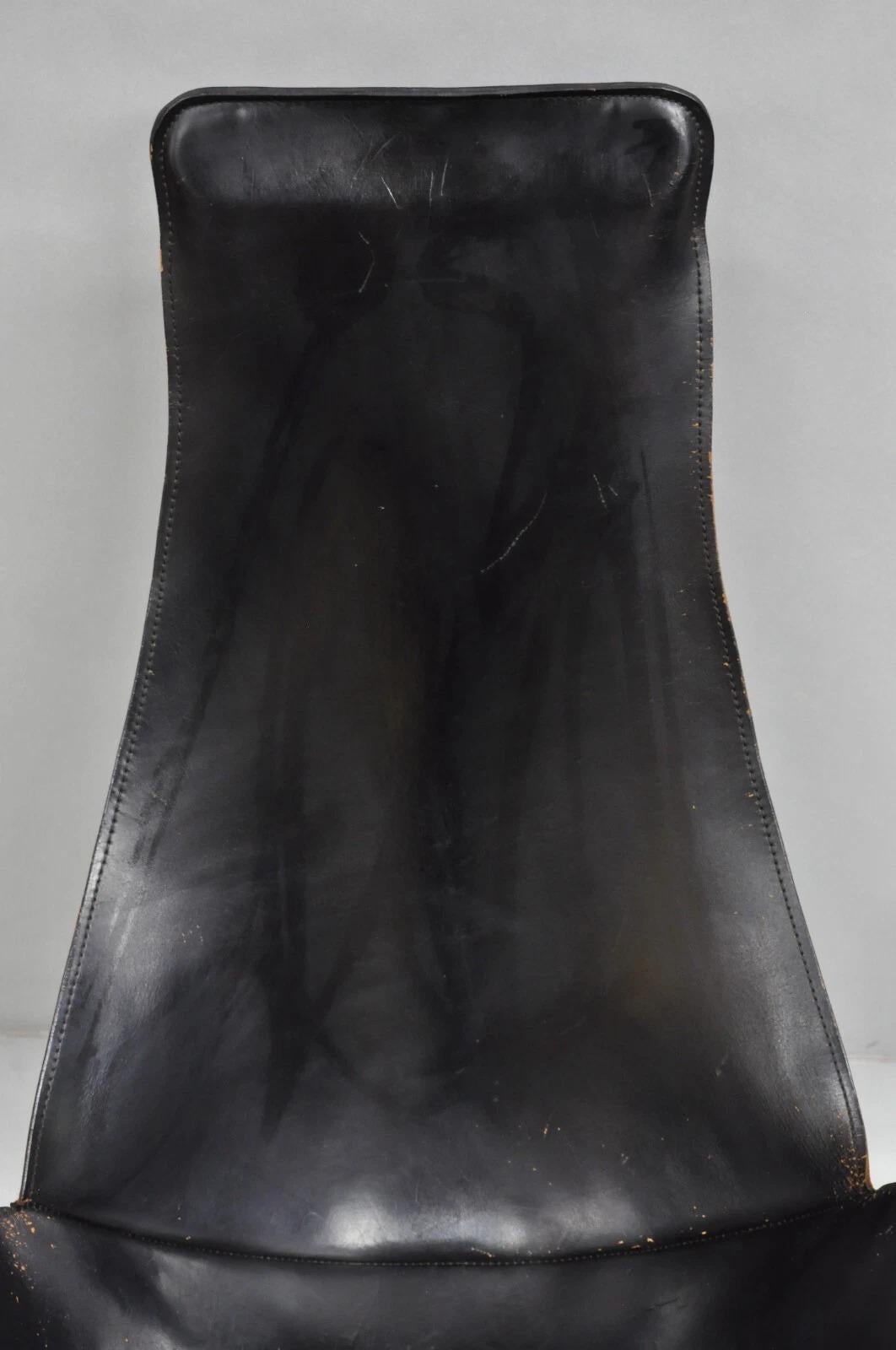 William Katavolos Mid Century Modern Black Leather Sling Steel K Lounge Chair In Good Condition For Sale In Philadelphia, PA