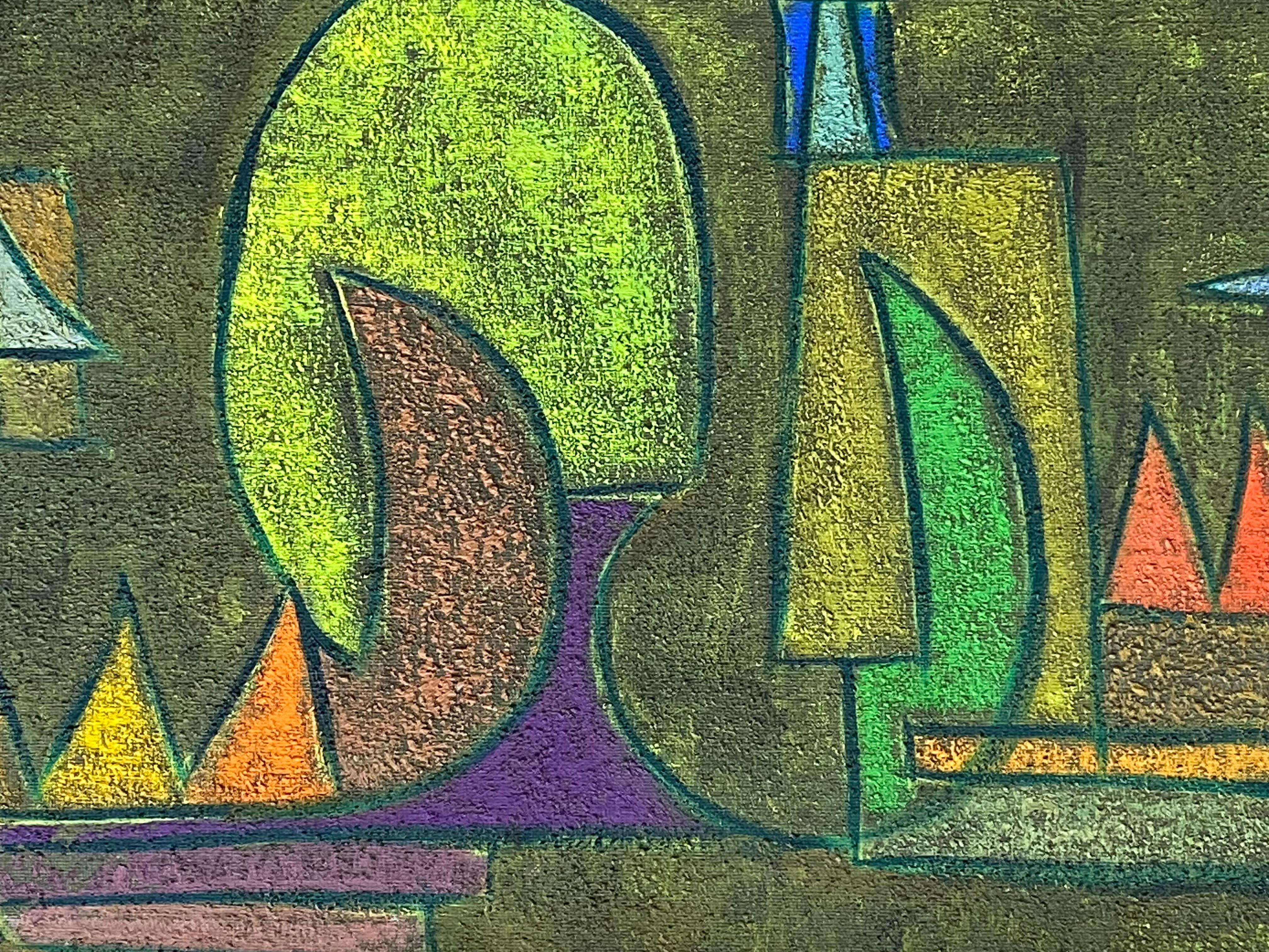 Fabelhaftes Originalgemälde des bekannten New Yorker Künstlers William Katz in Öl auf Leinwand aus der Mitte des Jahrhunderts.  Das Gemälde ist in einer farbenfrohen Abstraktion von Segelbooten gehalten und vom Künstler unten links signiert.  Der