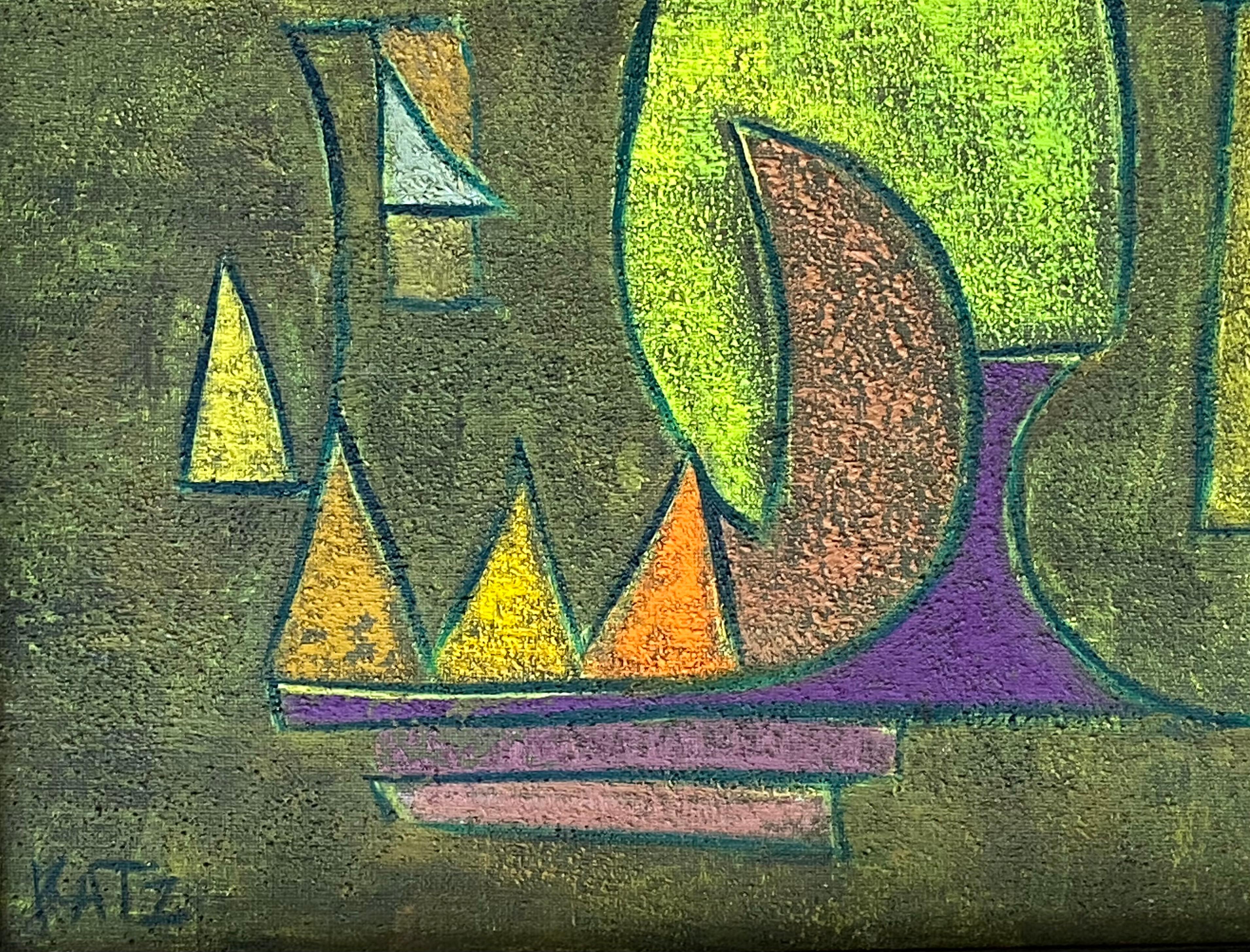 Fabulous original mid century modern oil on canvas painting by the well known New York artist, William Katz.  The painting is done in a colorful abstraction of sailboats and is signed by the artist lower left.  The artist has mixed sand into the oil