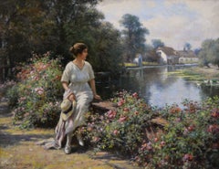 Landscape oil painting of a woman by a river