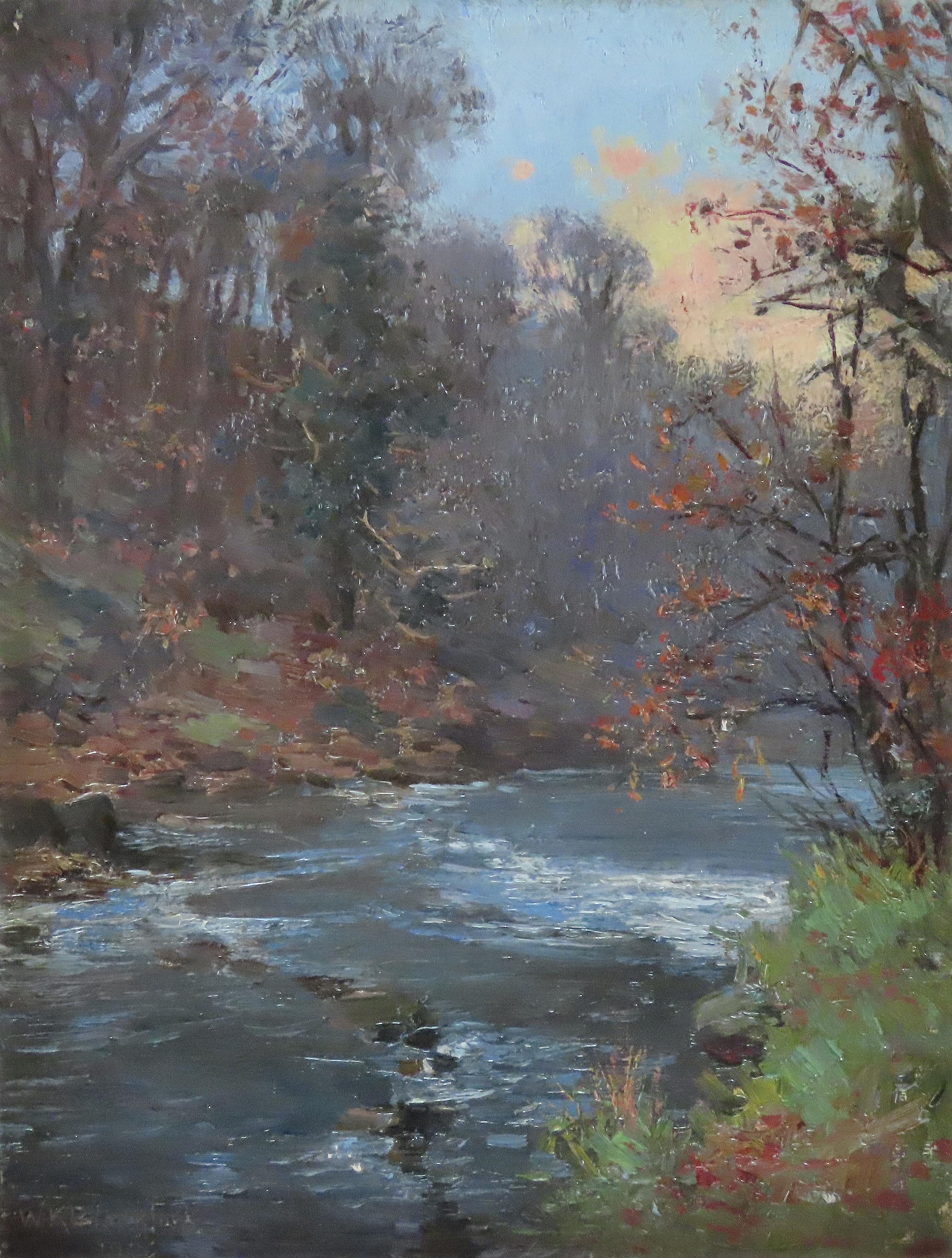 Original Öl auf Karton. WILLIAM KAY BLACKLOCK A.R.C.A., „Herbst am Almond“ (Grau), Landscape Painting, von William Kay Blacklock