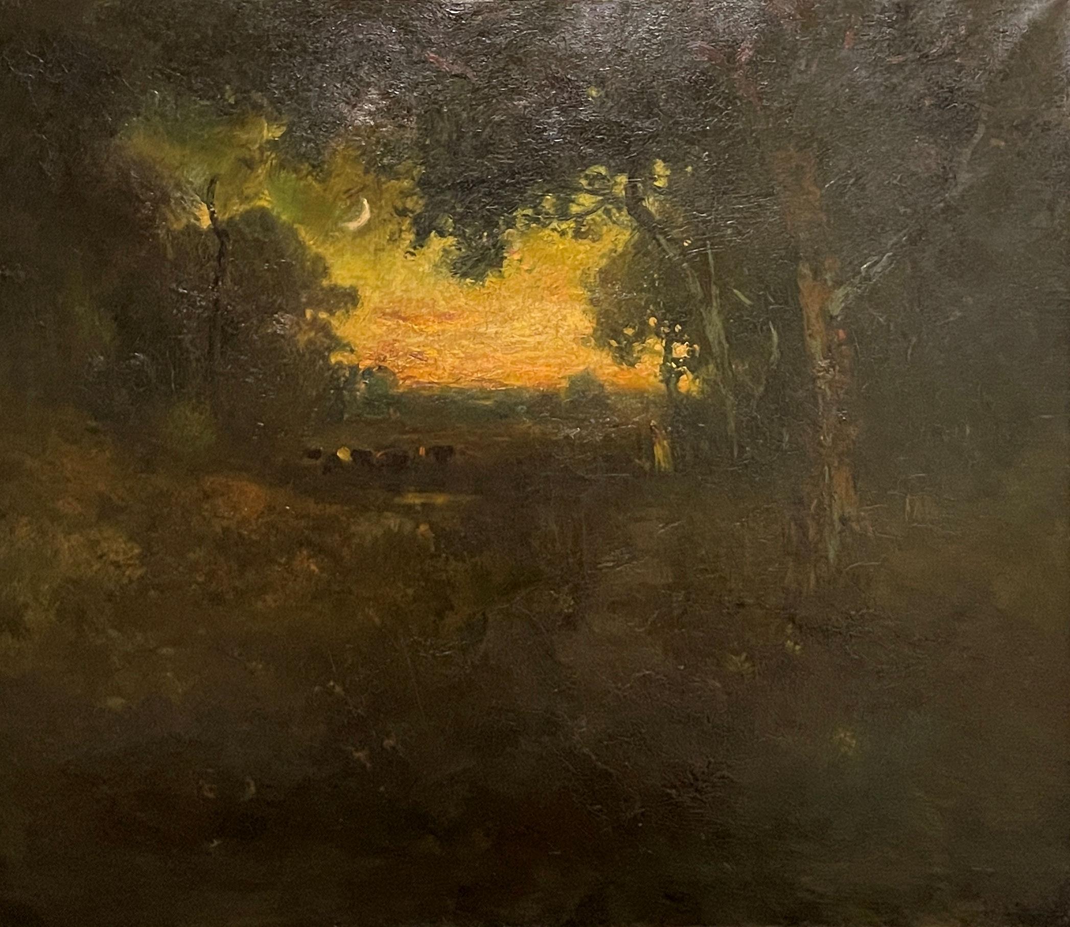 William Keith (1838 - 1911)
Dernière lumière, Paysage au coucher du soleil
Huile sur toile
25 x 30 pouces
Signé en bas à droite

Originaire d'Écosse, William Keith est devenu, à la fin du XIXe et au début du XXe siècle, l'un des principaux