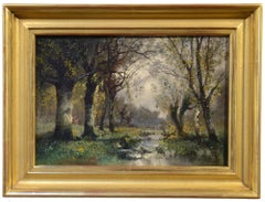 Ruisseau dans les bois, École de Barbizon, impressionniste américain, huile sur toile, vers 1870