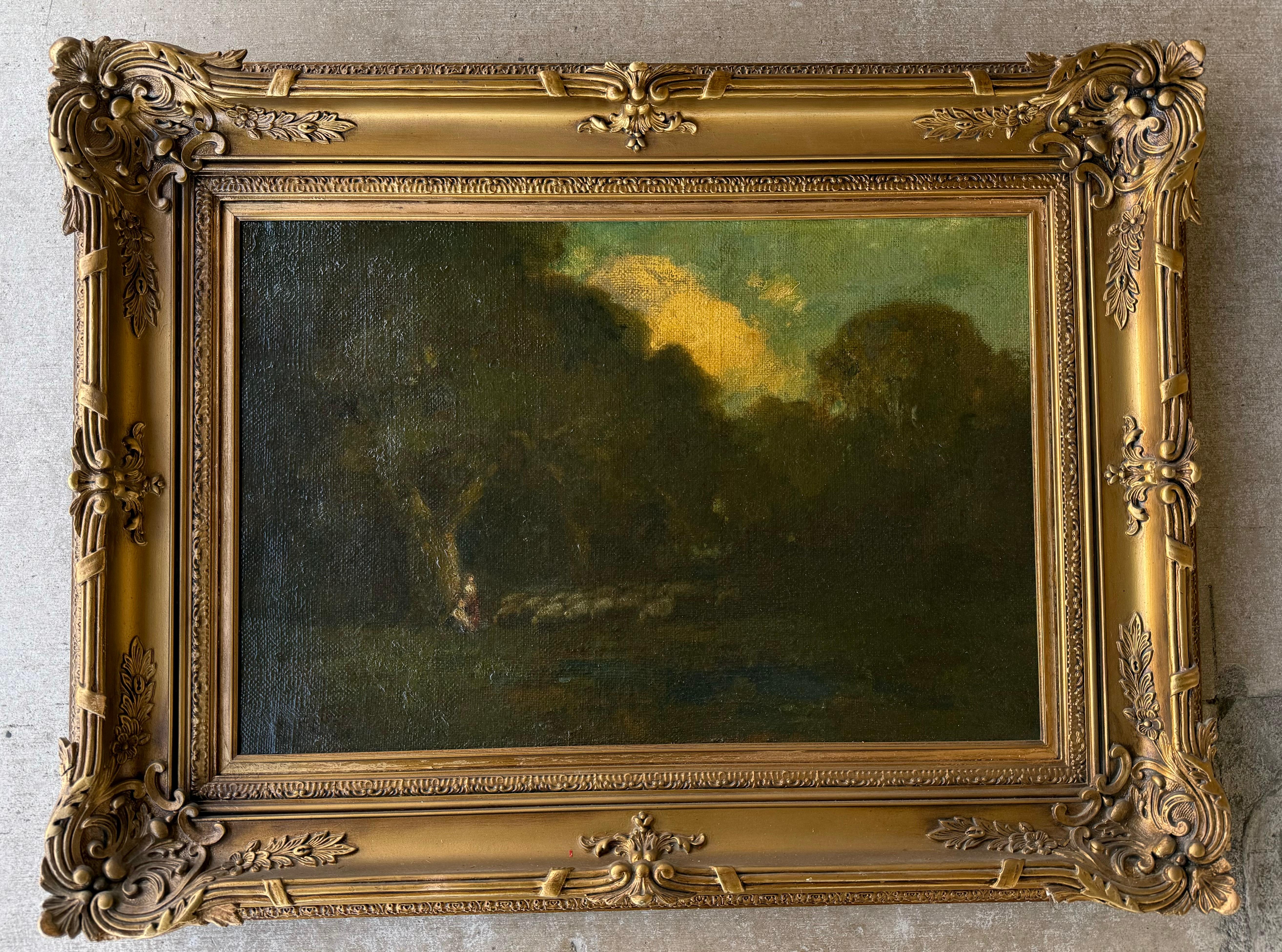 Original oil on canvas, tonal-style landscape painting by listed, deceased, famous artist, William Keith (1838-1911). Painting features a group of majestic trees near a pond of water.  A shepherd and shepherdess standing beneath a tree, watches over