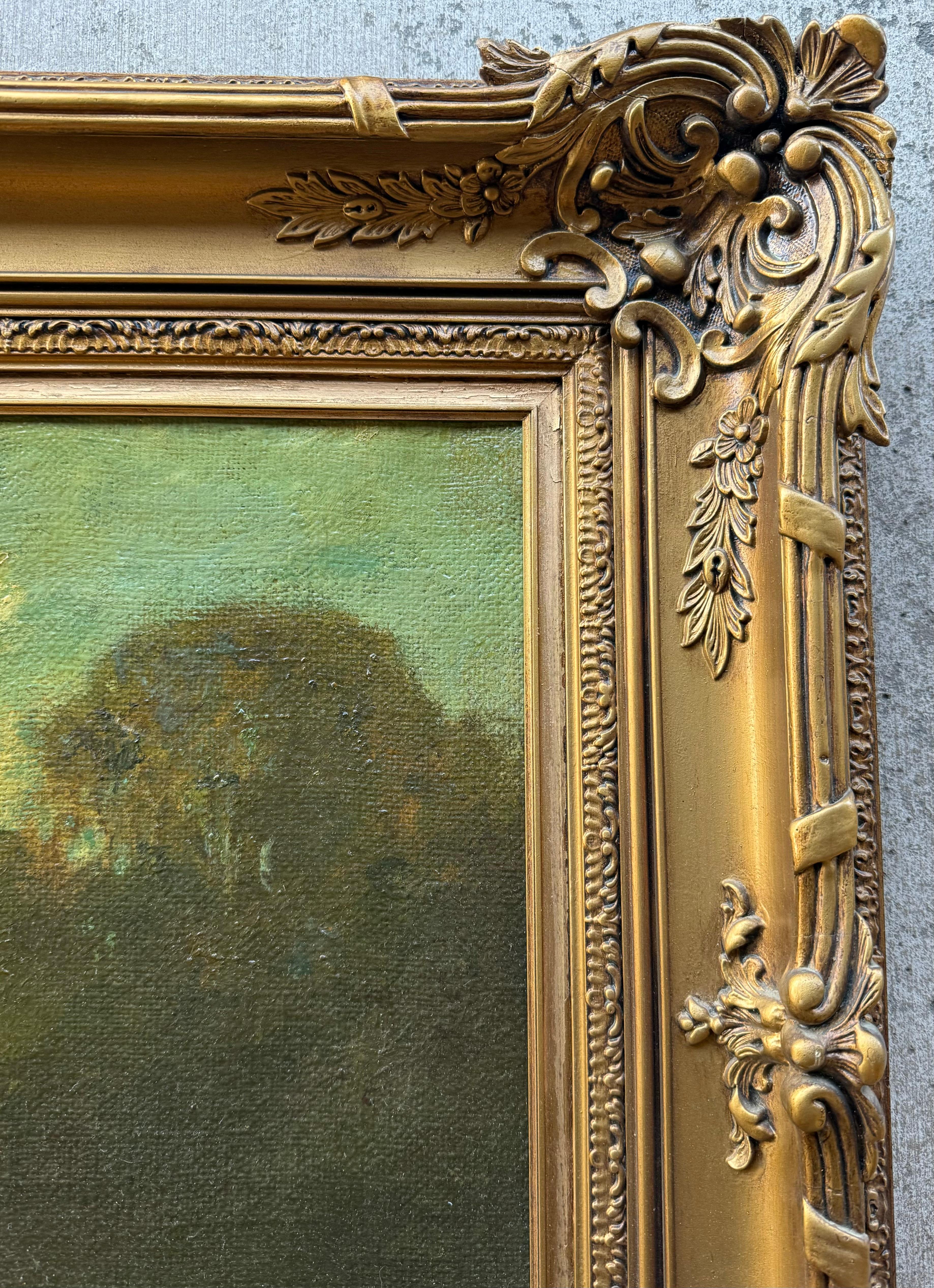 Hand-Painted William Keith Original Tonal Oil Painting Flock of Sheep by a Pond Landscape For Sale