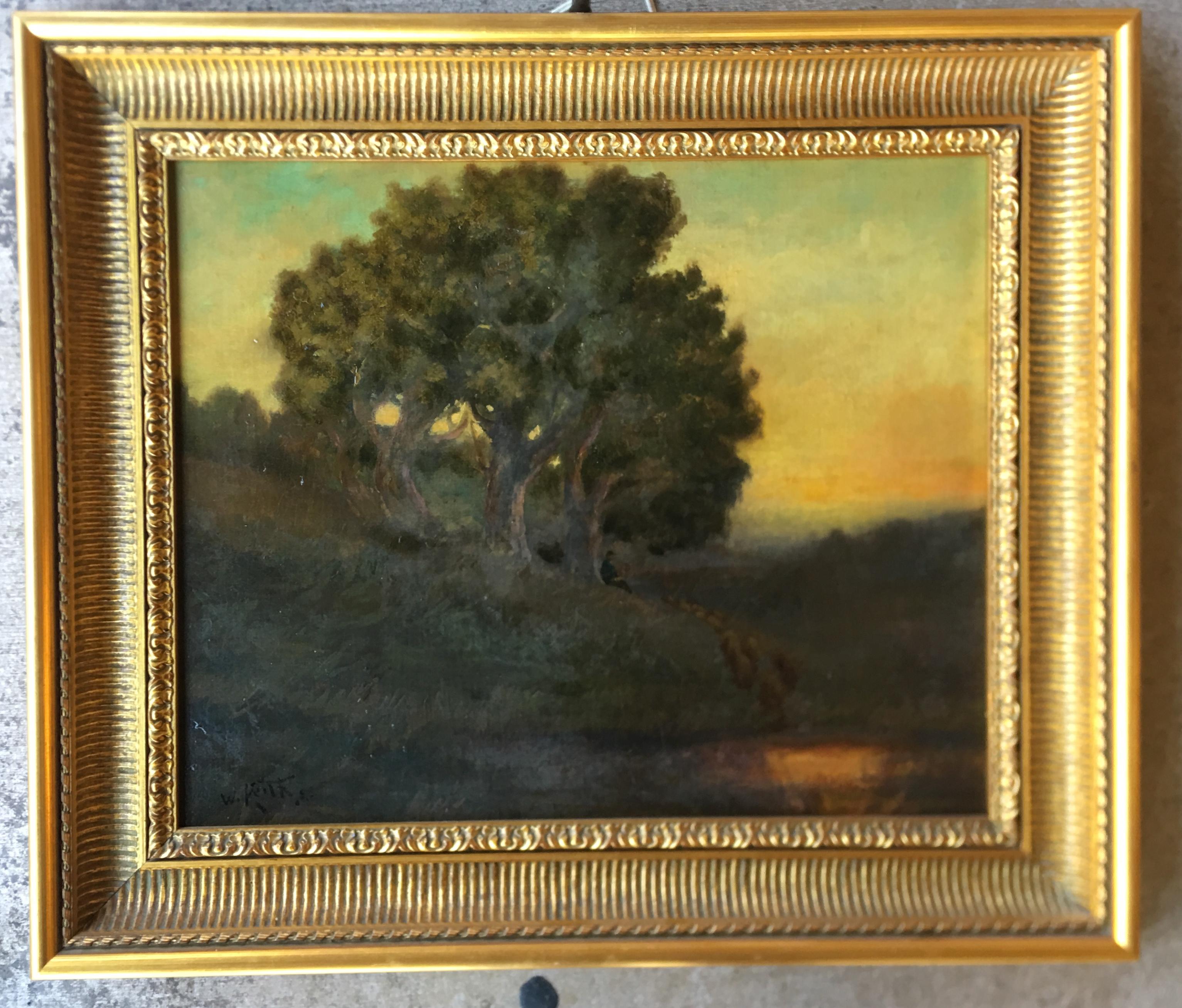 École de Barbizon William Keith - Peinture à l'huile originale de couleur ton sur ton d'un paysage de bois brumeux de Californie en vente