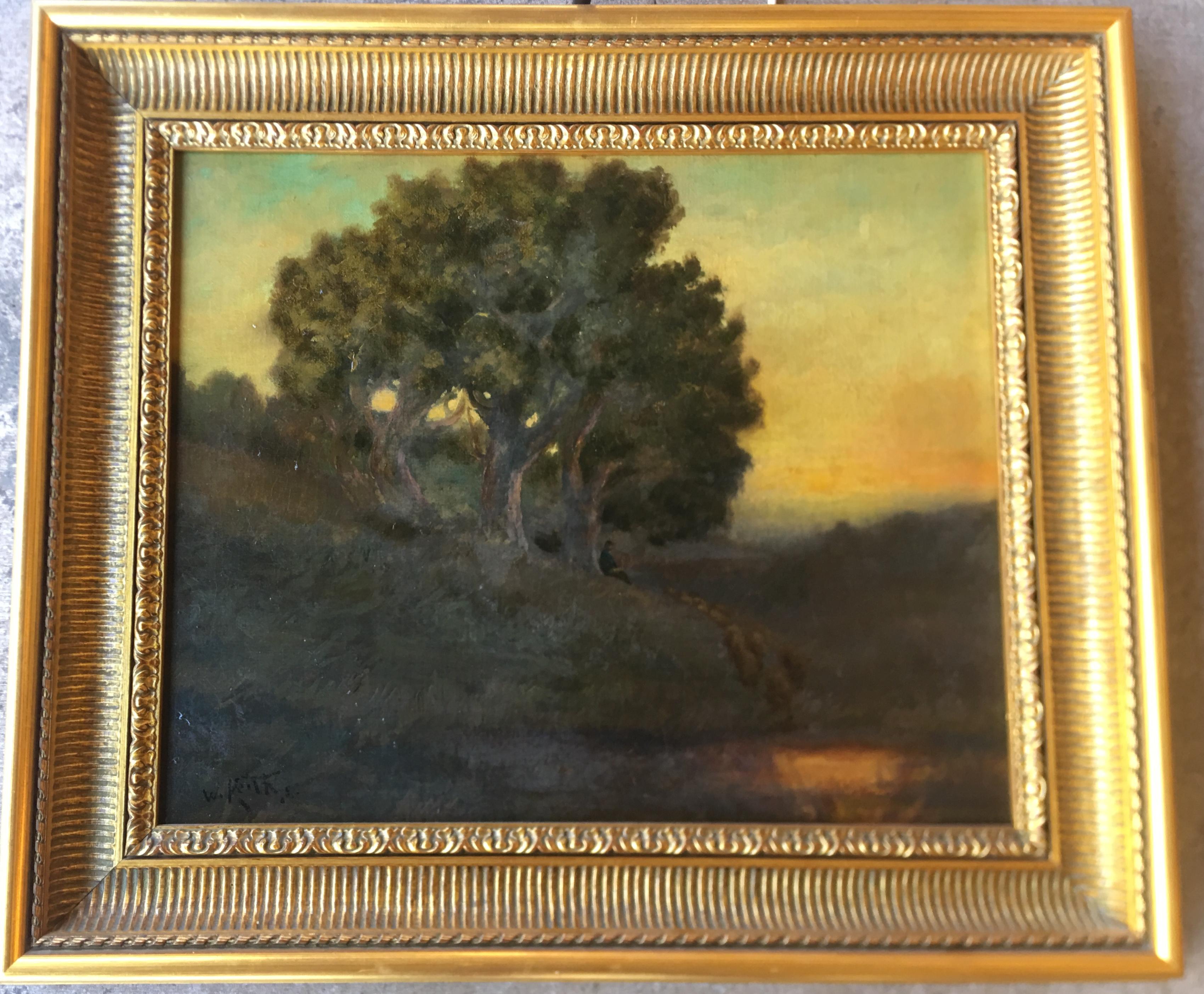 Peint à la main William Keith - Peinture à l'huile originale de couleur ton sur ton d'un paysage de bois brumeux de Californie en vente