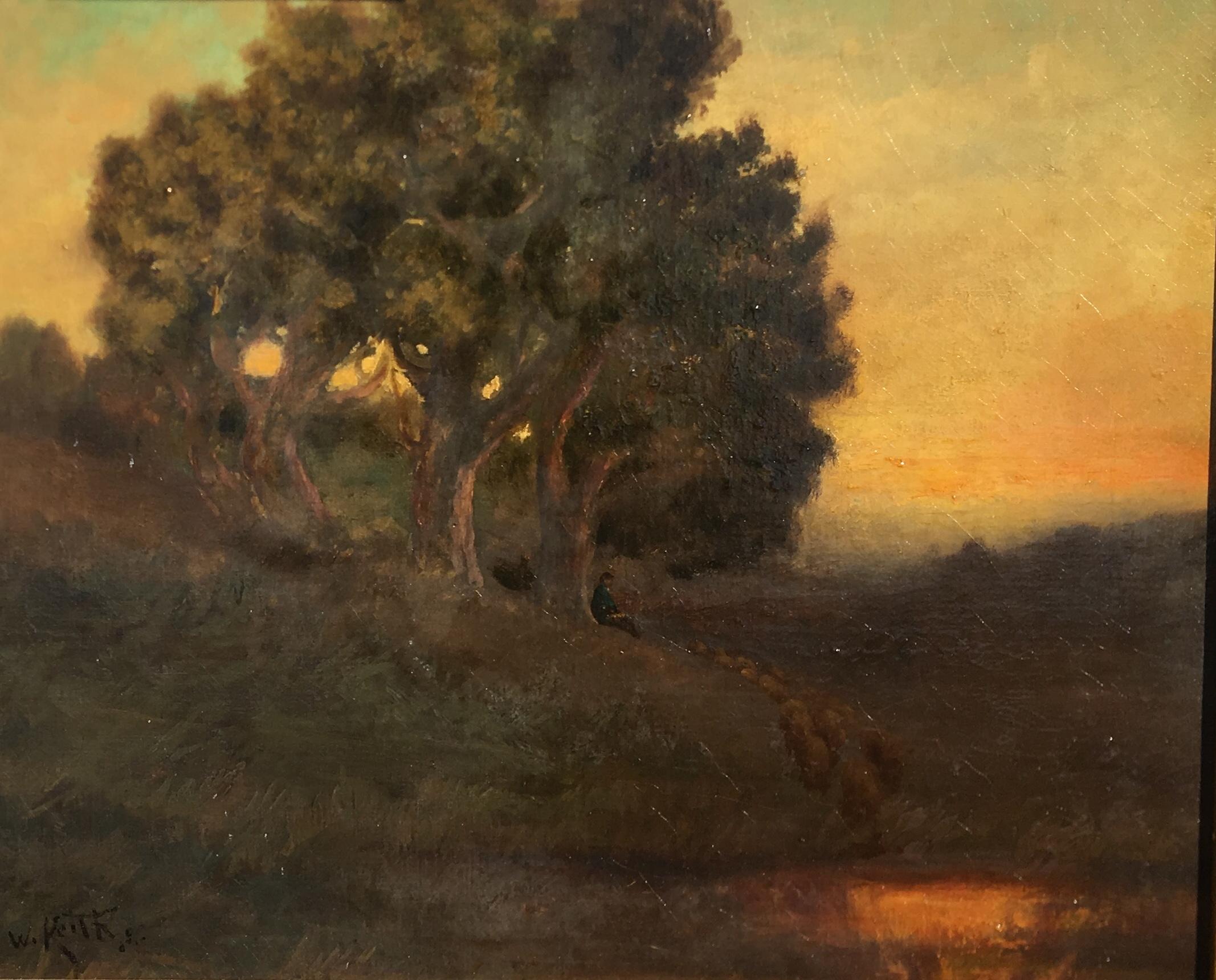 Barbizon School William Keith Original Tonal Oil Painting of California Misty Woodland Landscape For Sale
