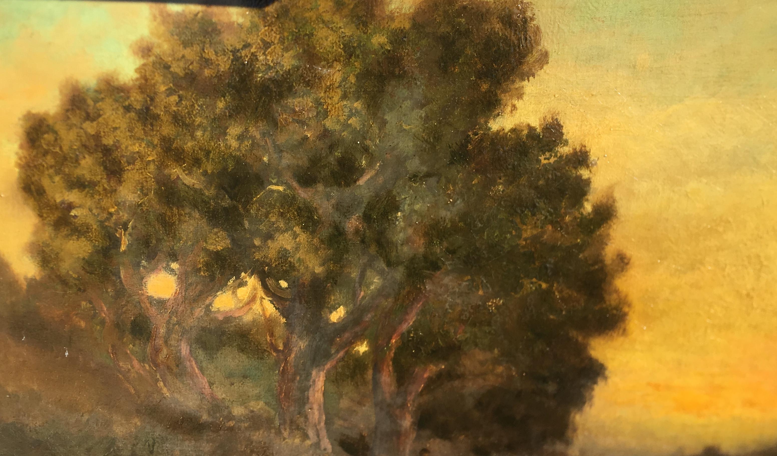 Bois William Keith - Peinture à l'huile originale de couleur ton sur ton d'un paysage de bois brumeux de Californie en vente