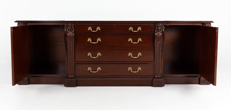 William Kent Baker Furniture stately homes credenza

This piece measures: 92 wide x 22 deep x 30 inches high and is in Great Vintage Condition - it has a few tiny spots on the top, some chipping on the front base, and one drawer has a crack

About