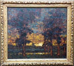 Evening - British 1920's exhibited art nocturne trees landscape oil painting 