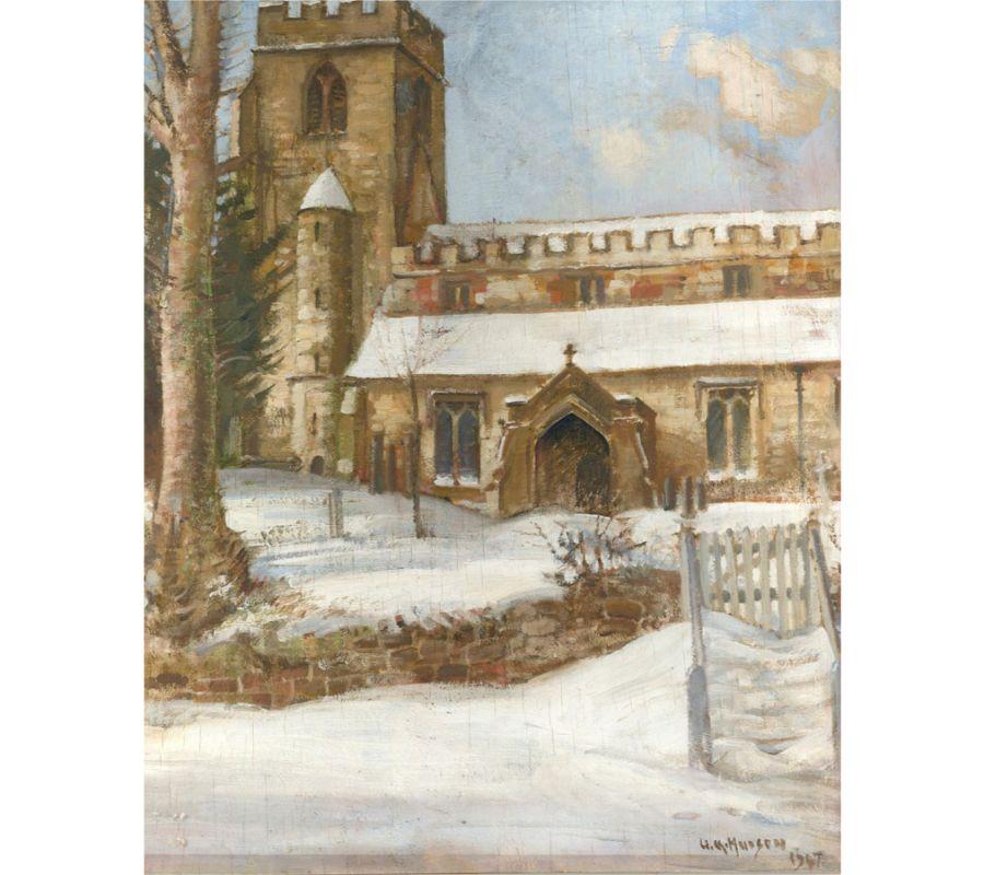 A picturesque rural church covered in thick snow under a blue sky. The artist has signed and dated to the lower right. At the reverse of the panel is an unfinished oil portrait of a young man in a suit. On wood panel.
