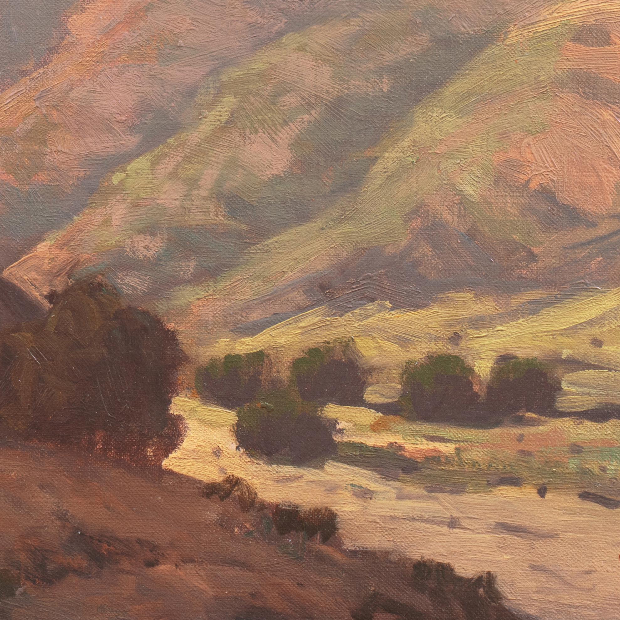 'California Sunset, Lilac and Rose', Palm Springs, Golden Gate Exhibition, LACMA - Brown Landscape Painting by William Krehm