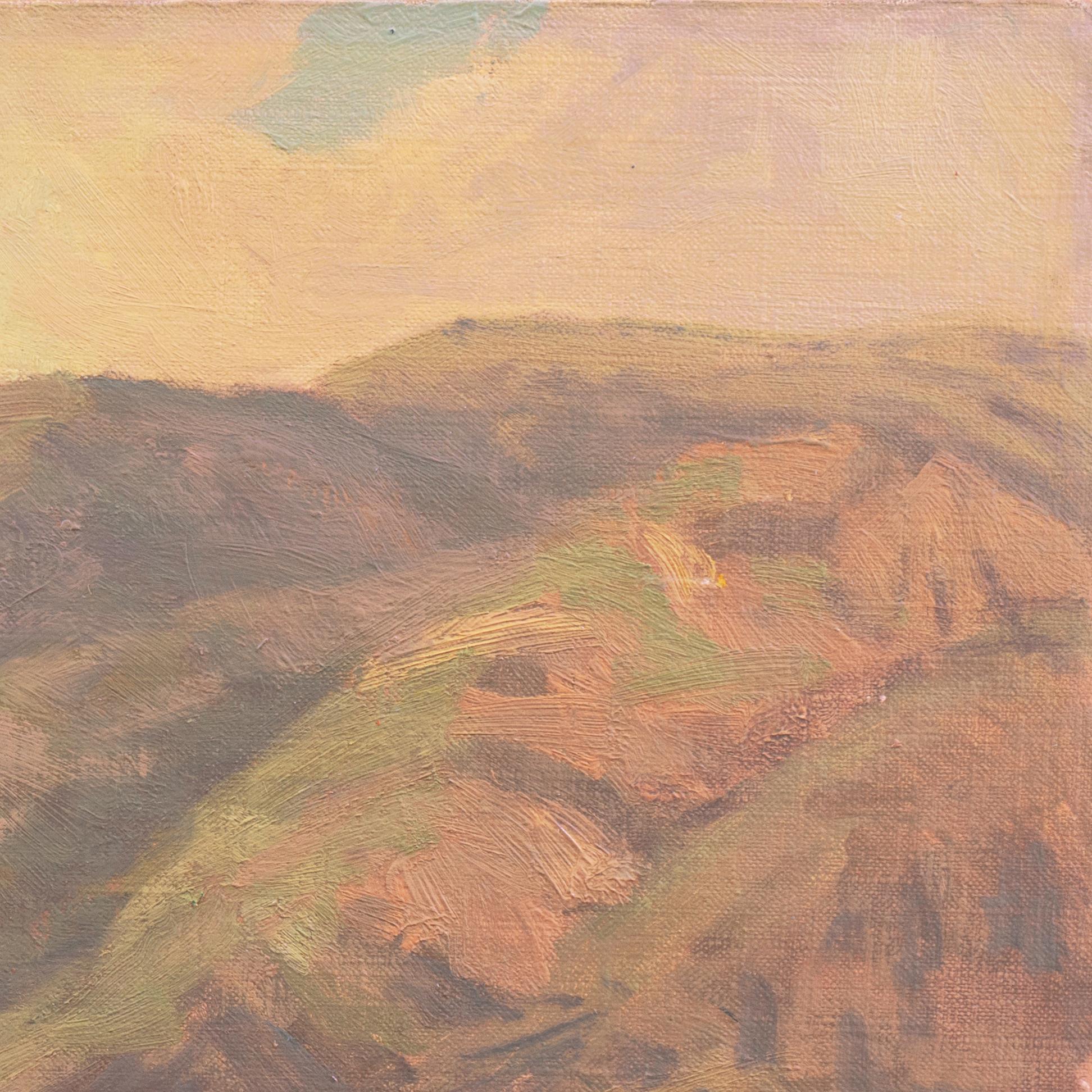 Signed lower right, 'Wm. P. Krehm' for William Krehm (American, 1901-1968) and painted circa 1940.

A period oil painting showing a mountainous, desert landscape at dusk, most likely a view of a Santa Ana River tributary in Southern California's