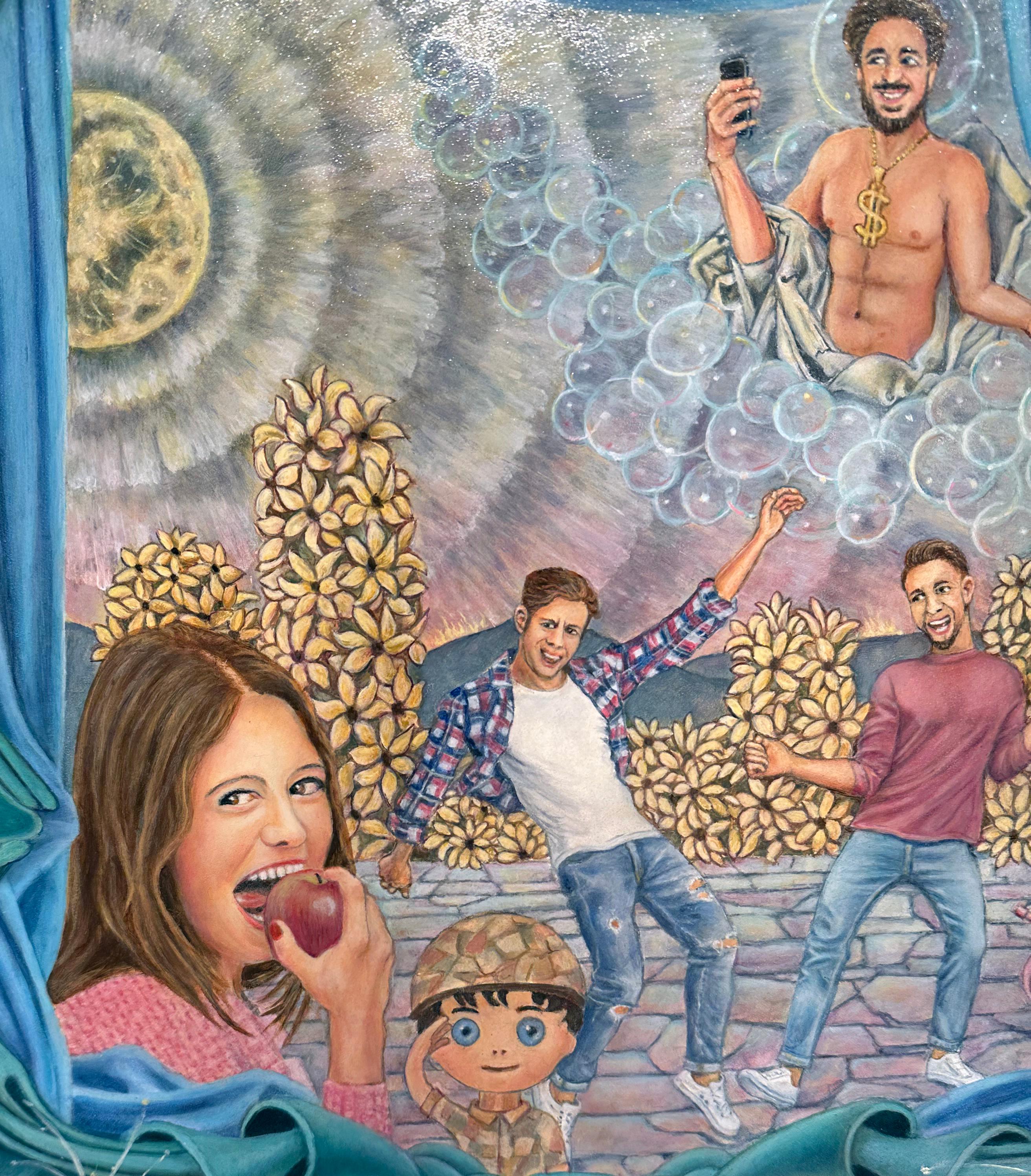 Scena pastorale con il Dio di tua scelta che lancia casualmente una bomba - Pittura 4