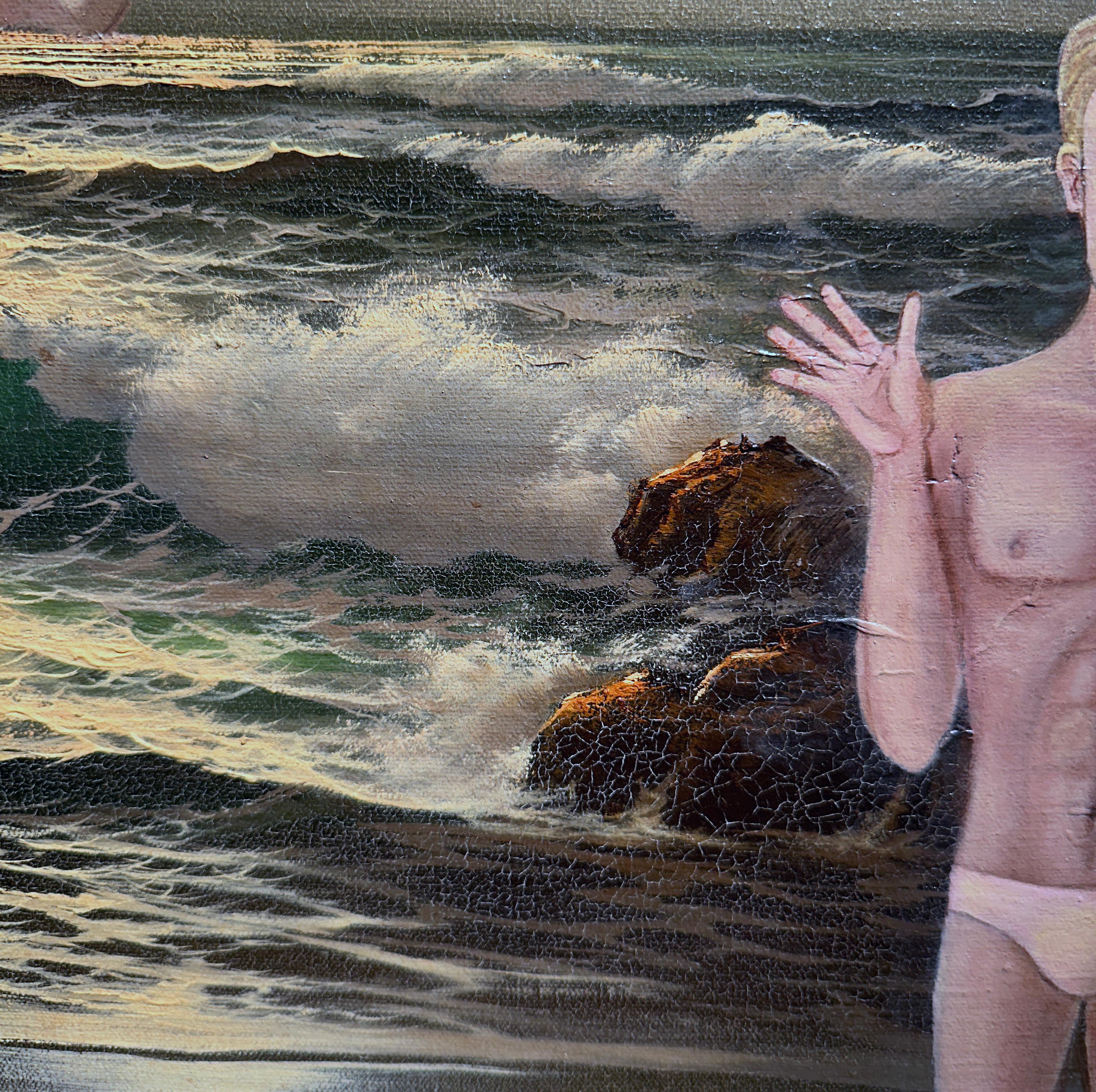 Terrore a Hollywood Beach, dipinto a olio originale su tela di recupero, incorniciato - Painting di William Krüg