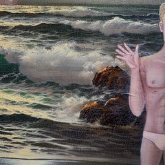 Terror at Hollywood Beach, Original Ölgemälde auf wiederverwendetem Gemälde, gerahmt