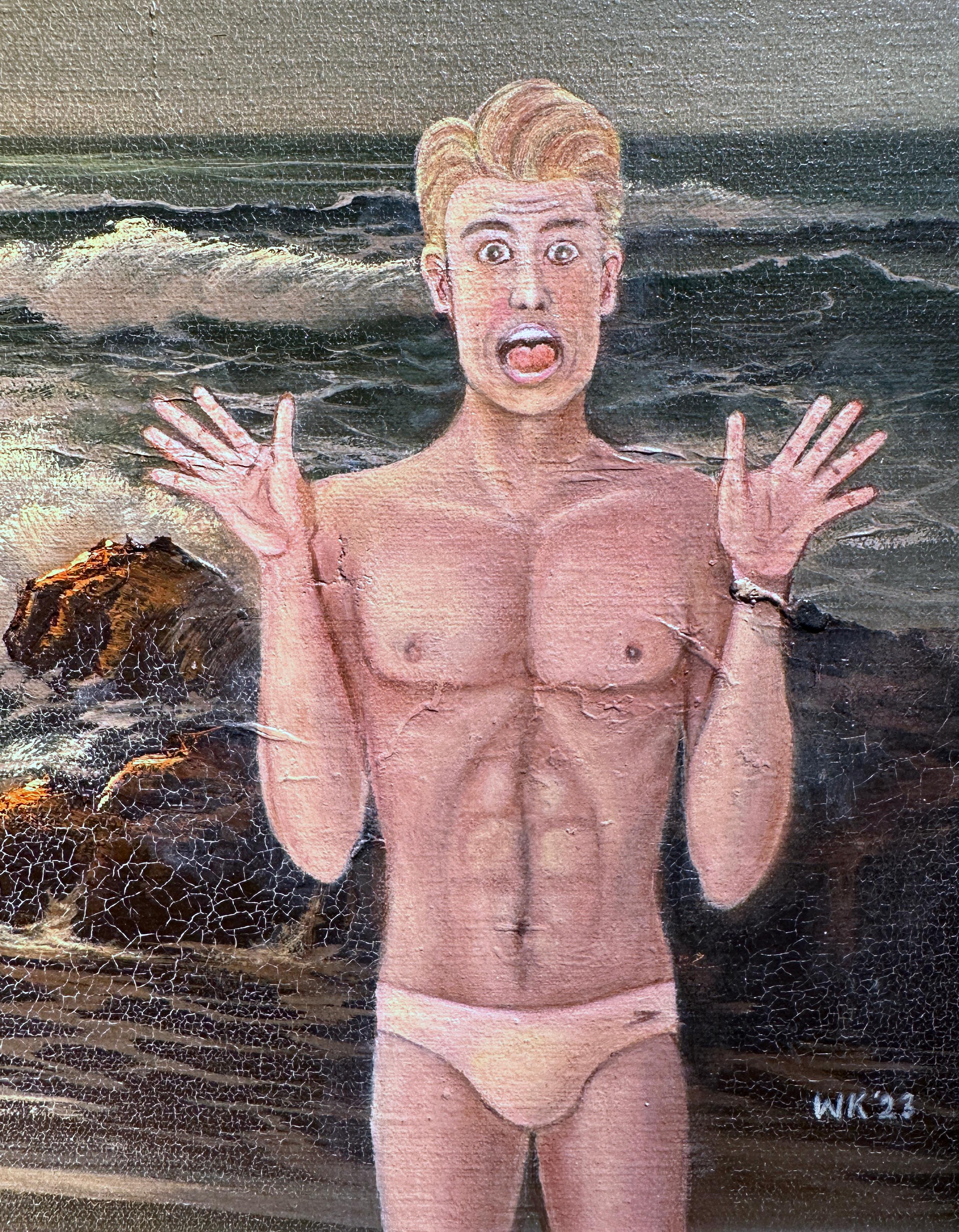 Terrore a Hollywood Beach, dipinto a olio originale su tela di recupero, incorniciato - Figurative Painting Nero di William Krüg