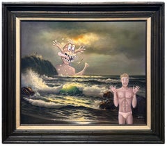 Terror at Hollywood Beach, Original Oil Painting on Repurposed Painting, Framed 