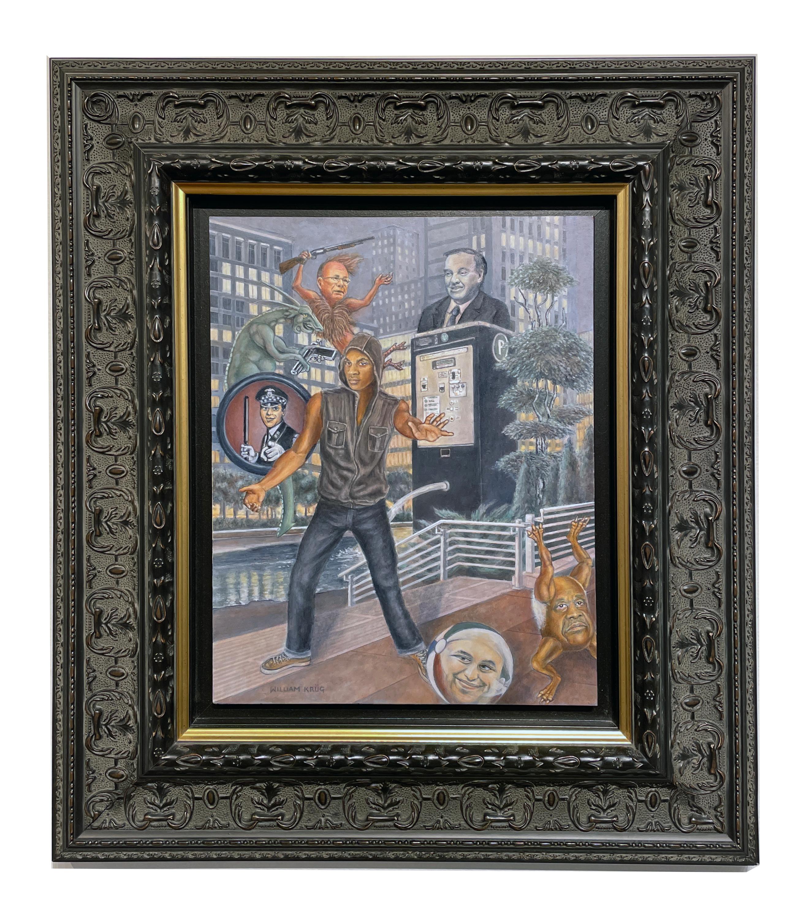 The Temptation of Saint Anthony – moderne urbane Interpretation des Heiligen Antonius, Öl auf Tafel (Zeitgenössisch), Painting, von William Krüg