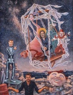 Tilt-A-Whirl, An Allegorical Look at the World, Original Oil Painting, Framed