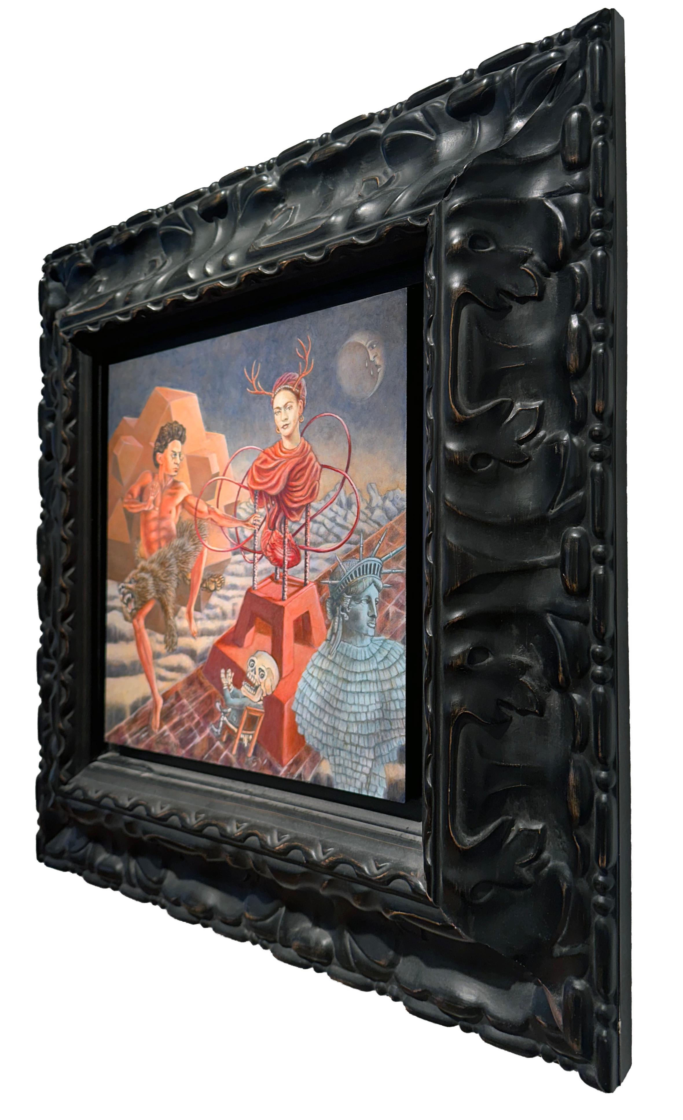 Trotksy y Frida con una piñata - Pintura al óleo original sobre panel, enmarcada - Painting Contemporáneo de William Krüg