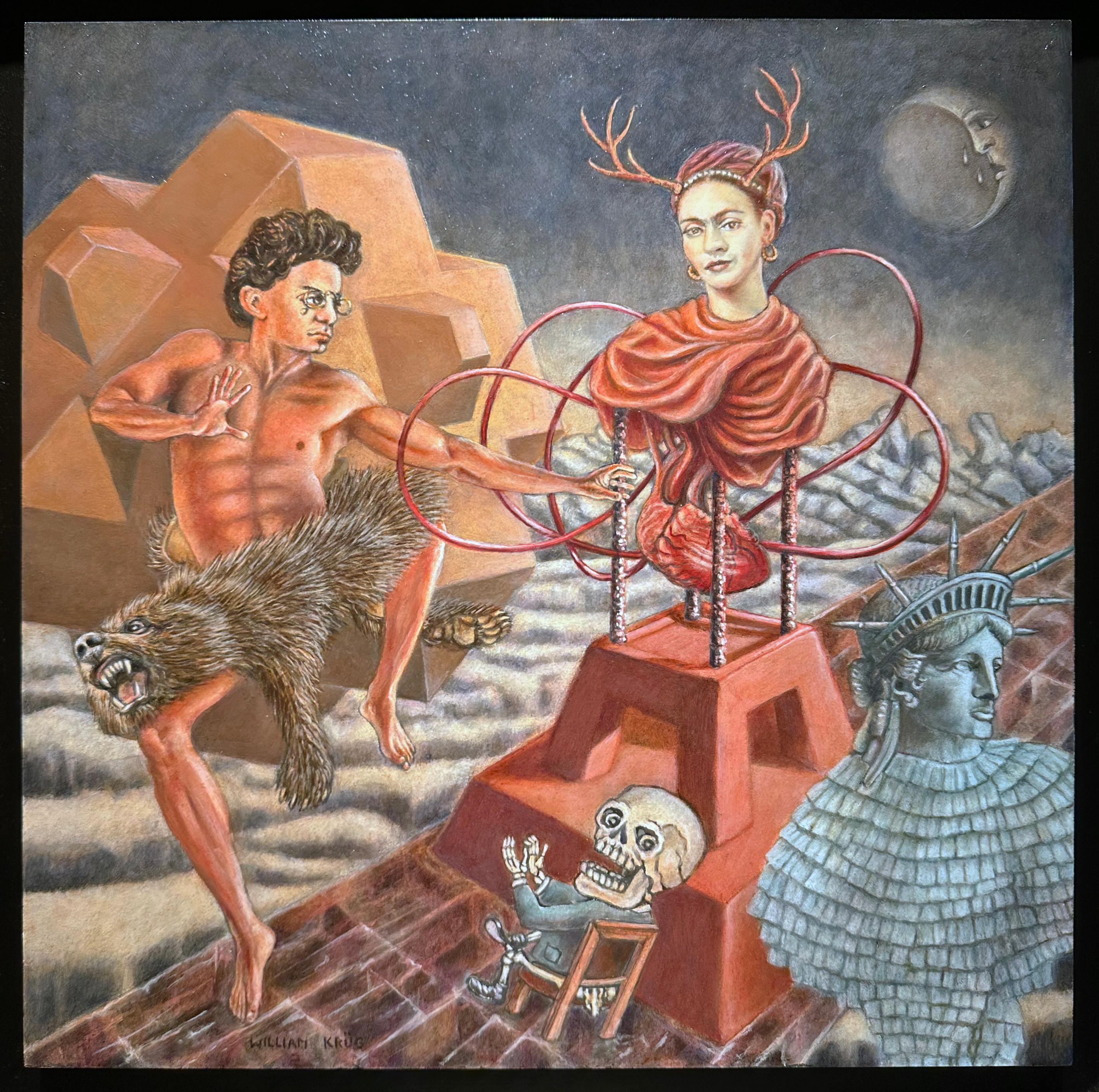 Trotksy y Frida con una piñata - Pintura al óleo original sobre panel, enmarcada - Figurative Painting Negro de William Krüg