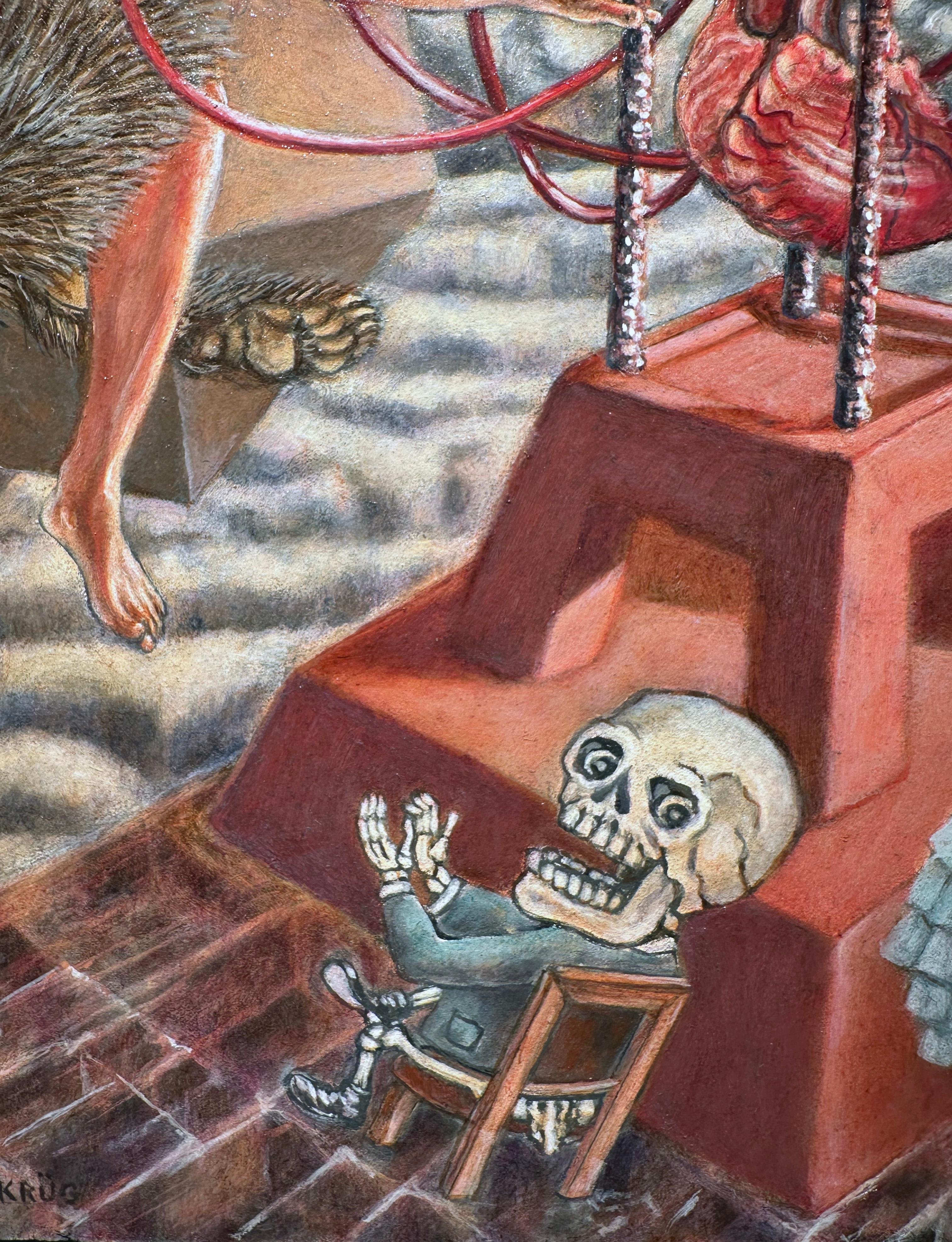 Trotksy y Frida con una piñata - Pintura al óleo original sobre panel, enmarcada en venta 1