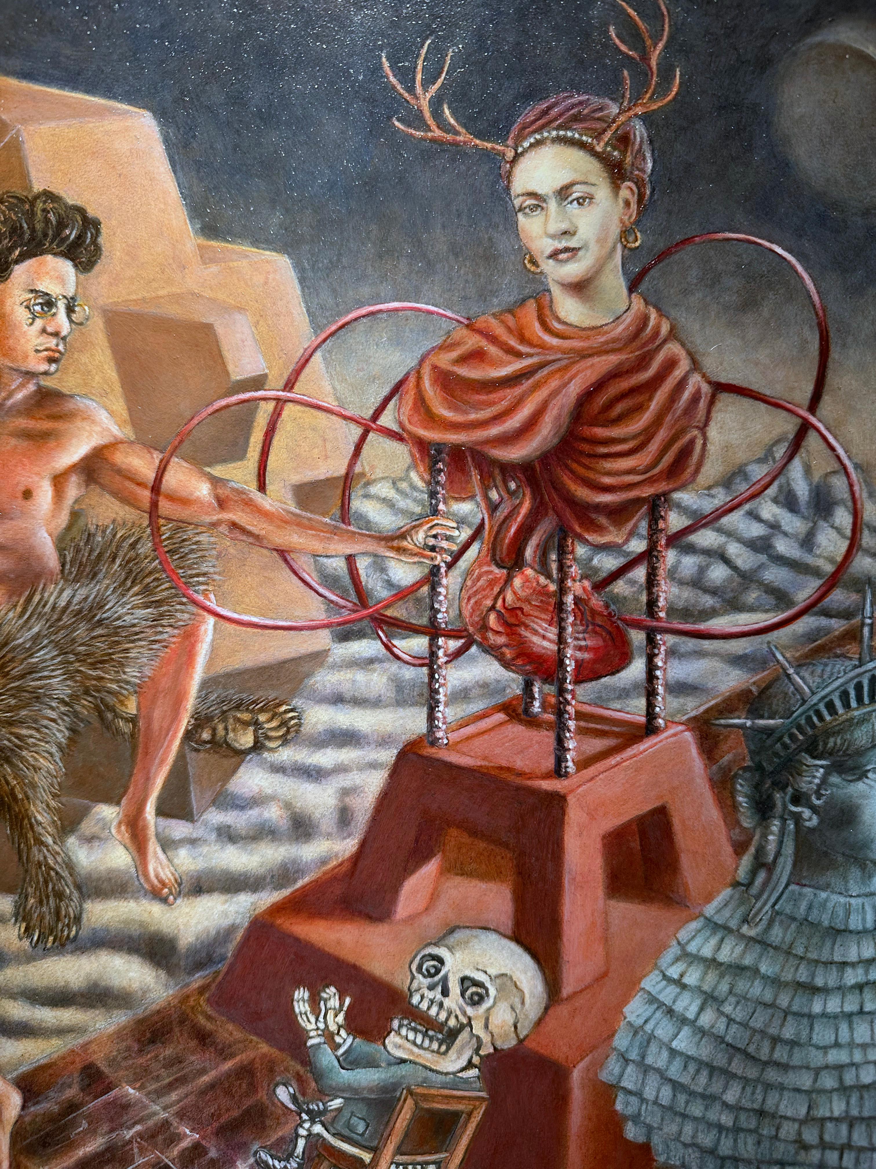 Trotksy y Frida con una piñata - Pintura al óleo original sobre panel, enmarcada en venta 4