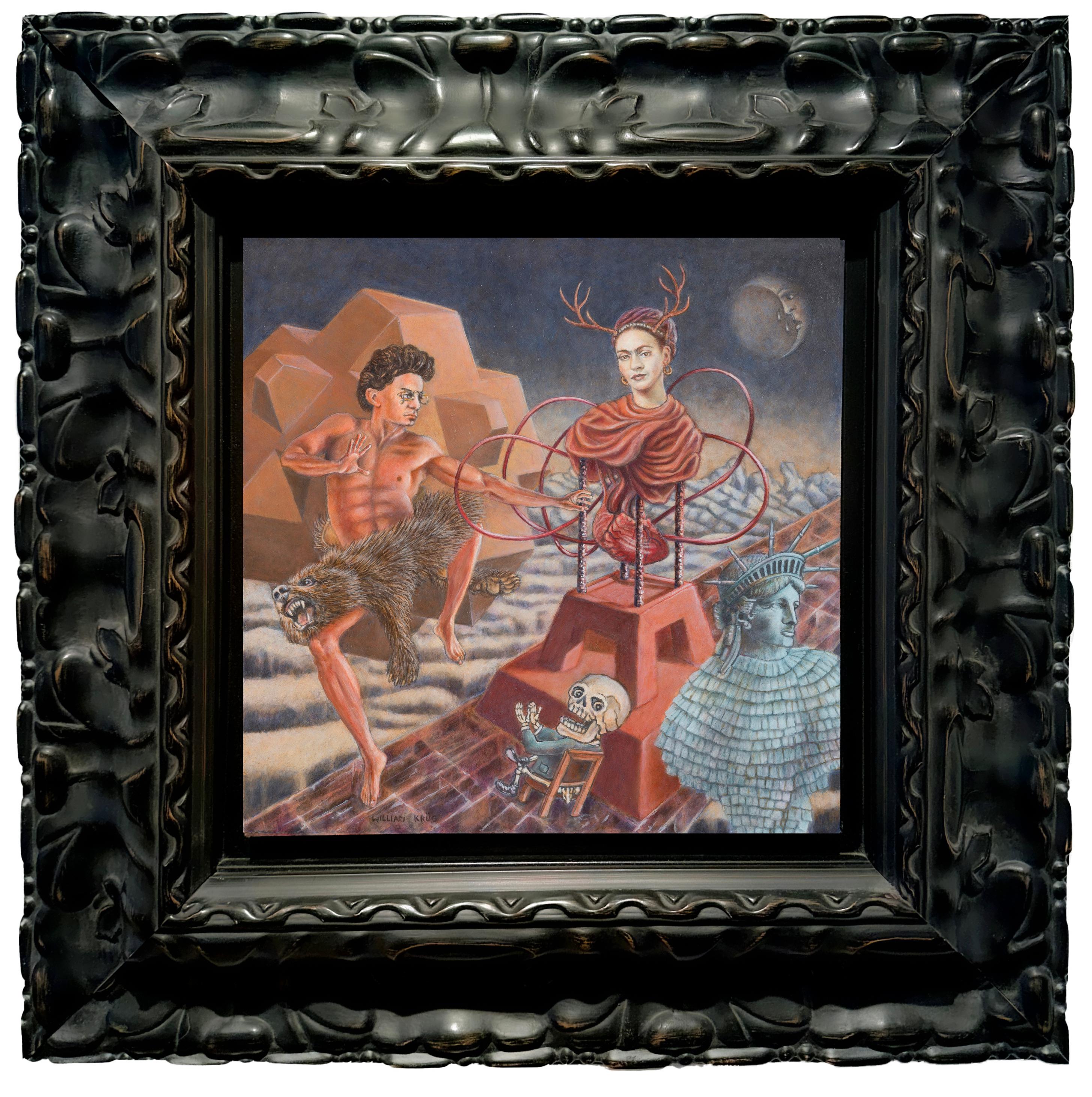 Figurative Painting de William Krüg - Trotksy y Frida con una piñata - Pintura al óleo original sobre panel, enmarcada