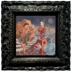 Trotksy y Frida con una piñata - Pintura al óleo original sobre panel, enmarcada