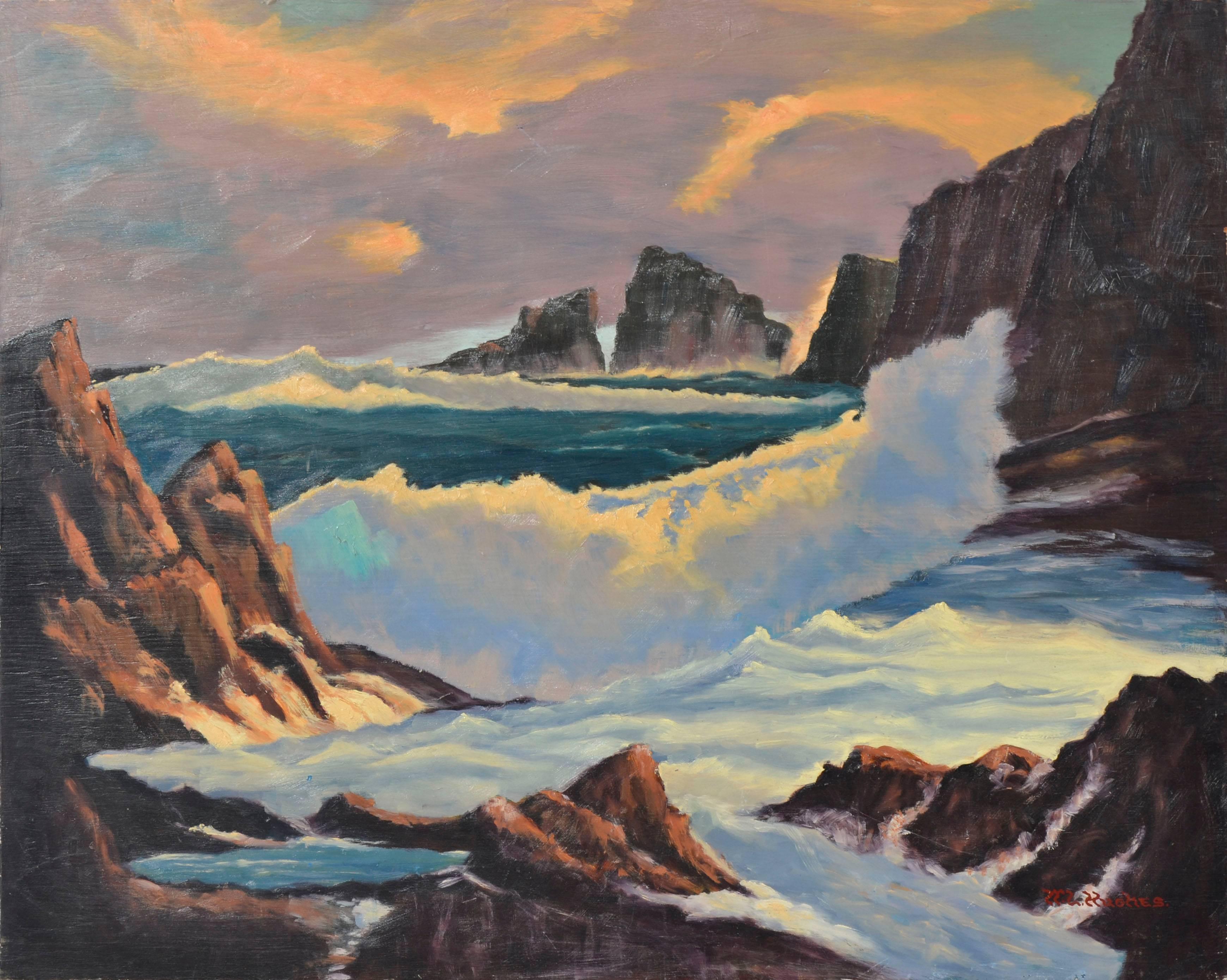 Große kalifornische dunkle Meereslandschaft aus der Mitte des Jahrhunderts (Doppelseitiges Gemälde) – Painting von William L. Hughes
