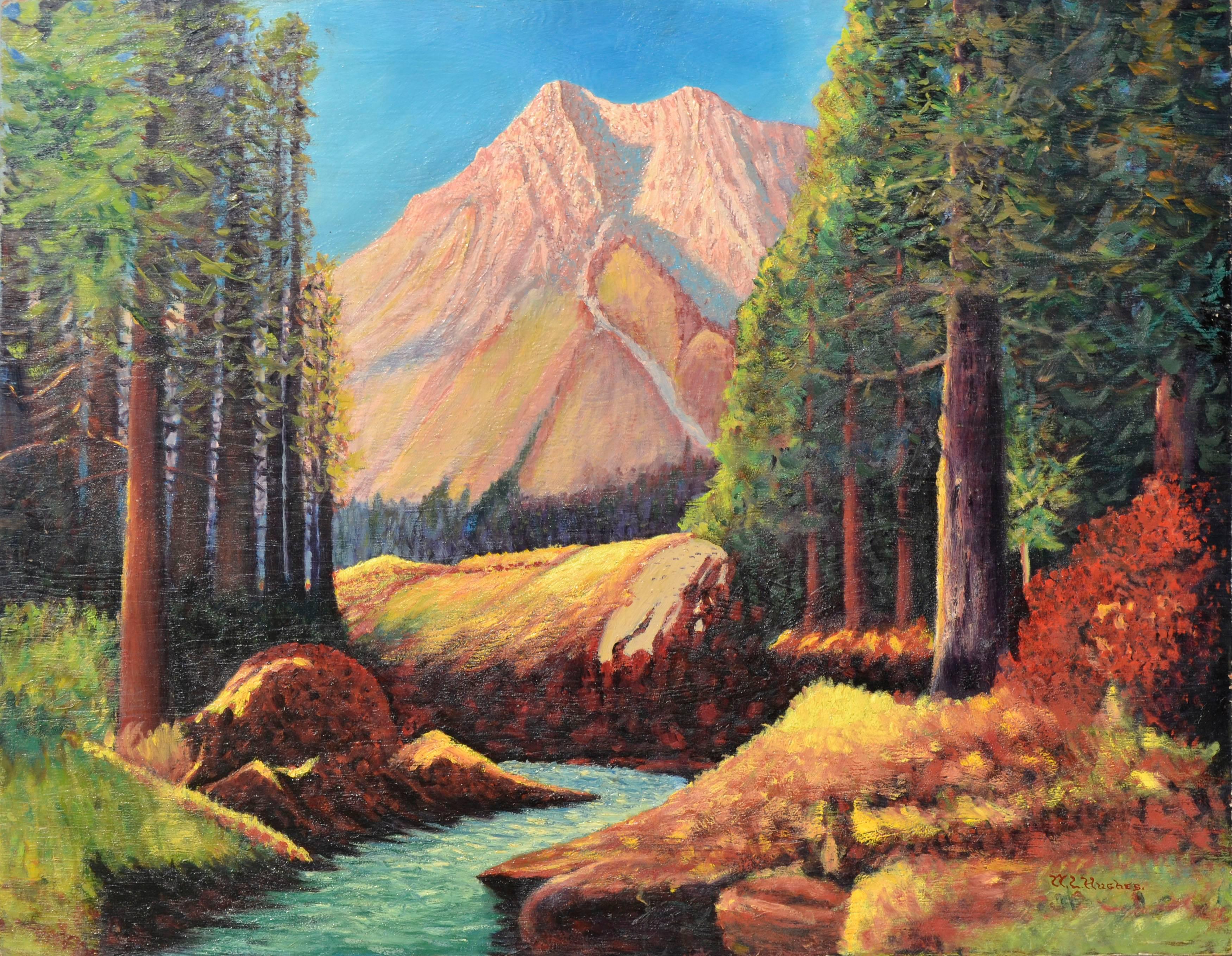 Belle peinture recto-verso d'un paysage marin nocturne de Californie d'un côté et d'une scène de montagne de la Sierra de l'autre côté par William L.A. Signé 
