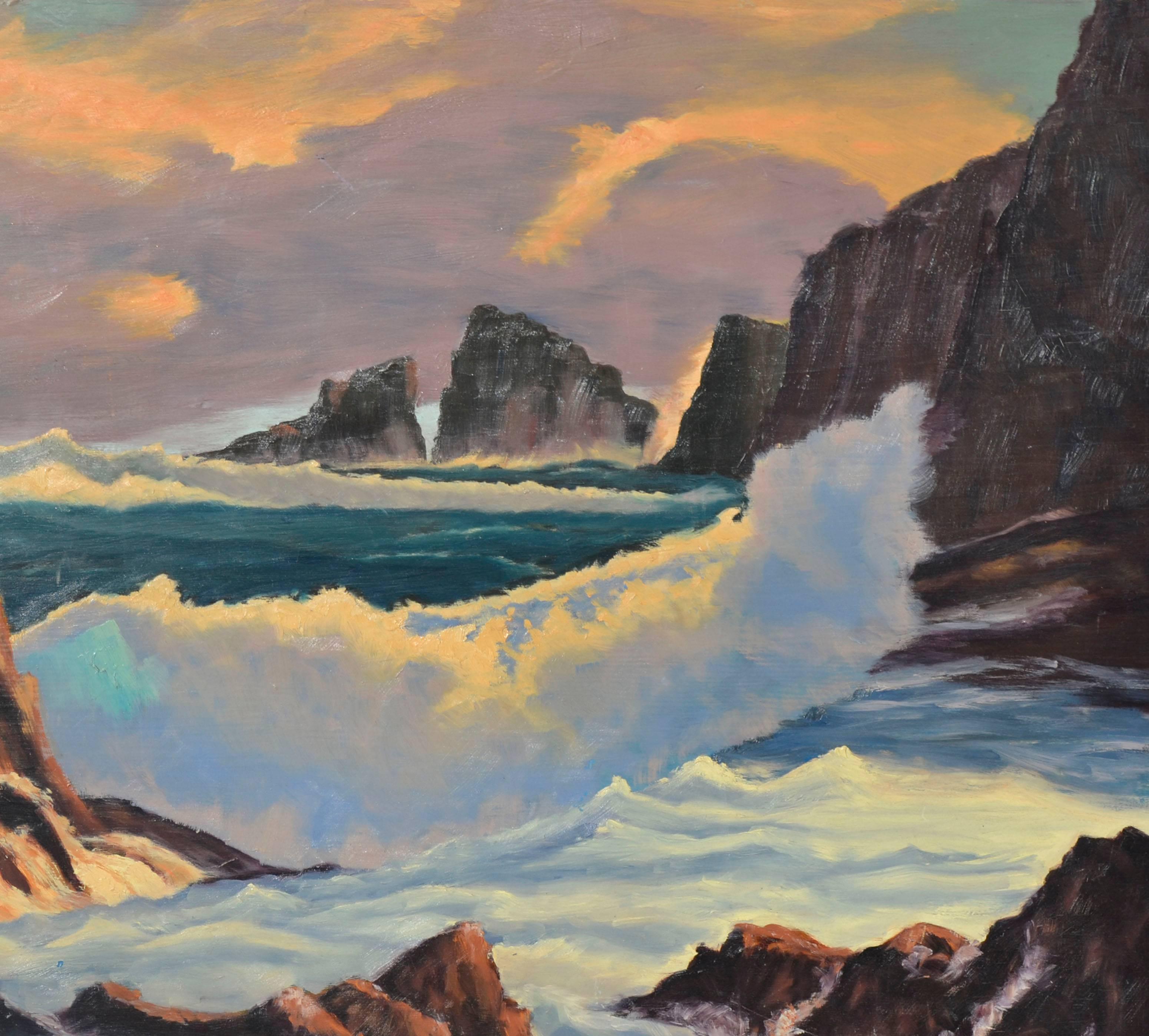 William L. Hughes Landscape Painting – Große kalifornische dunkle Meereslandschaft aus der Mitte des Jahrhunderts (Doppelseitiges Gemälde)