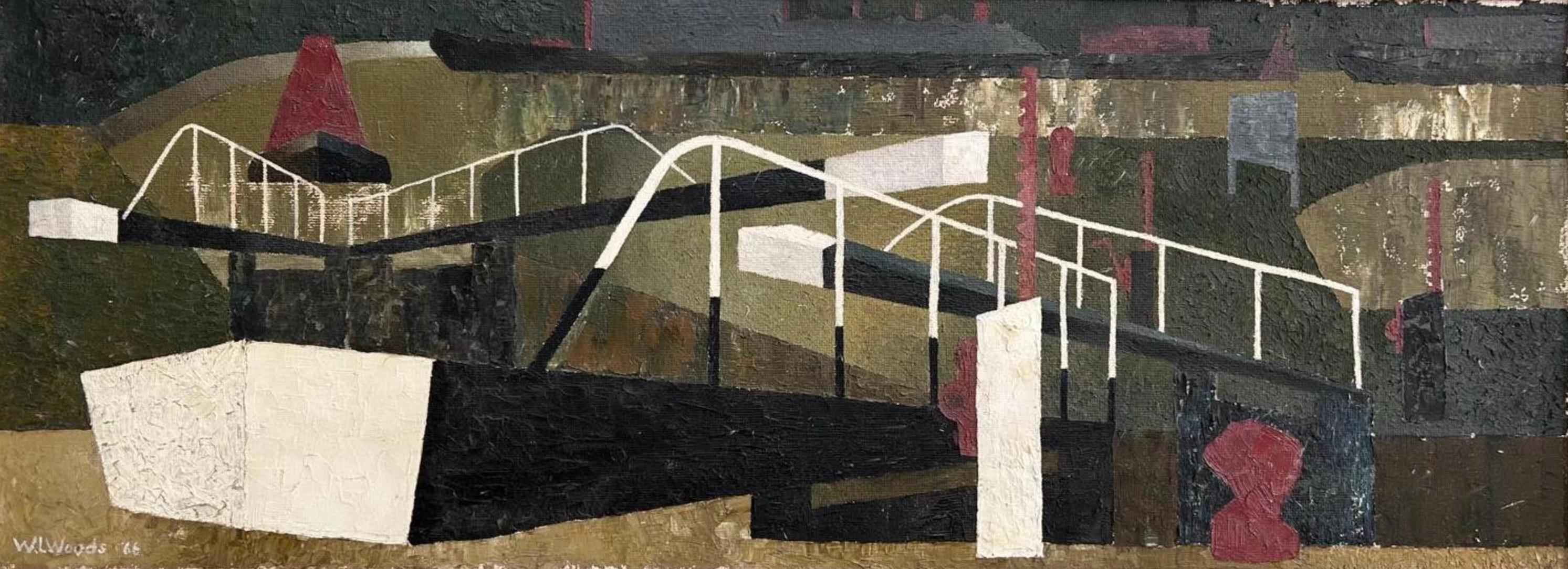 Oil on canvas, signed and dated '66' lower left
Image size: 13 x 35 3/4 inches (33 x 91 cm)
Original frame

Here, the physical forms that make up the water lock and canal boats have been reduced to their simplest shapes. With the angular artistic