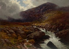 Antique Scottish Highlands River Misty Landscape Signed Oil Anglers by River