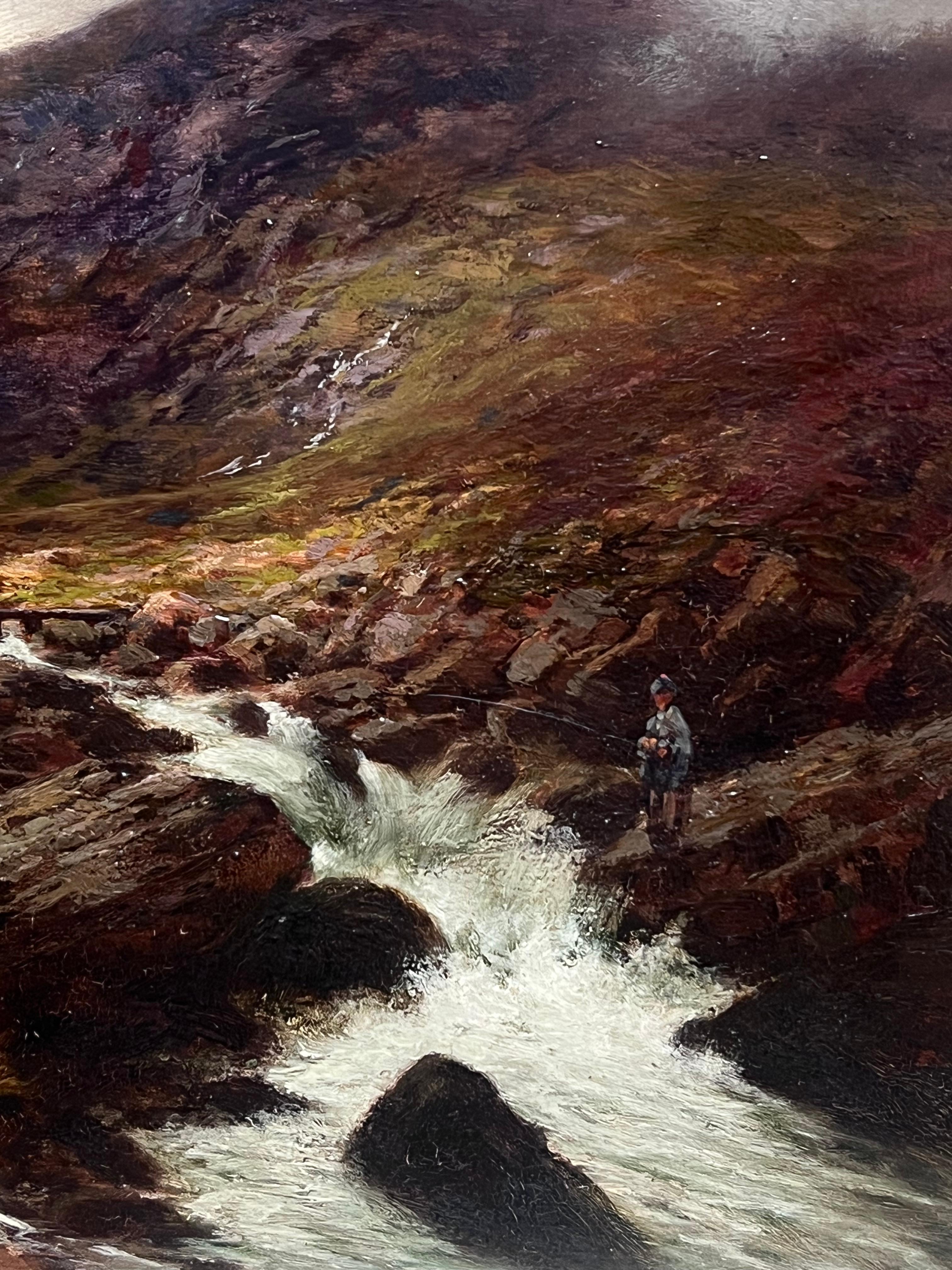 Antike schottischen Highlands Fluss neblige Landschaft signiert Öl Angler am Fluss (Viktorianisch), Painting, von William Lakin Turner