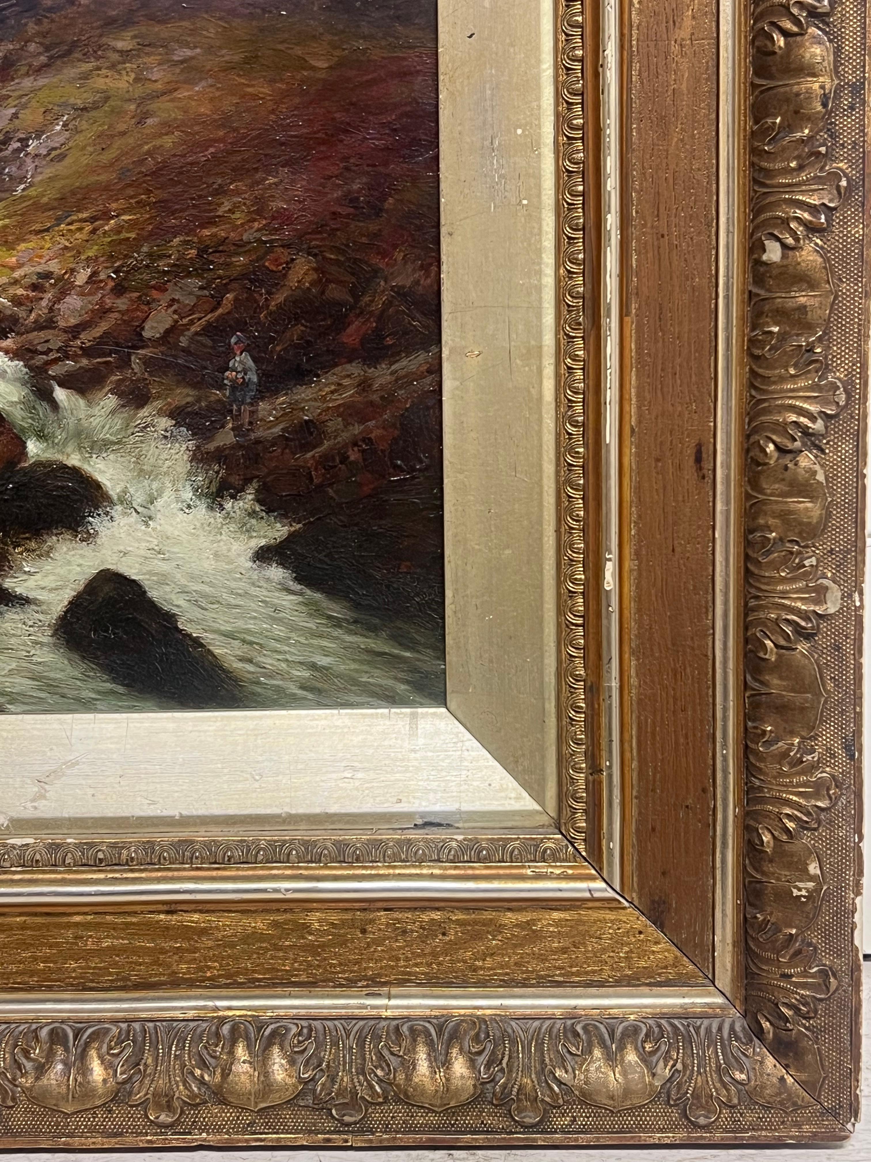 Antike schottischen Highlands Fluss neblige Landschaft signiert Öl Angler am Fluss im Angebot 1