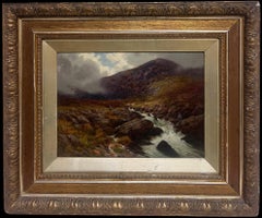 Antique Scottish Highlands River Misty Landscape Signed Oil Anglers by River