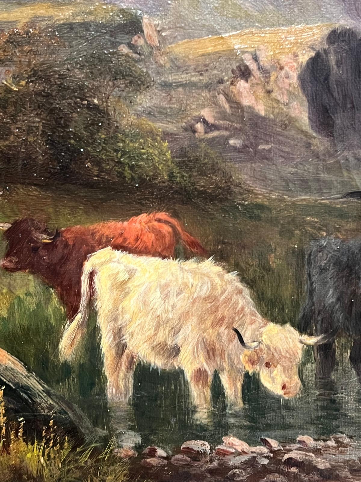 Bovini delle Highlands al crepuscolo Antico dipinto ad olio firmato Loch e montagne scozzesi in vendita 1