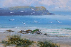 Cuadro antiguo al óleo sobre lienzo enmarcado: 'Mirando al mar con barcos'