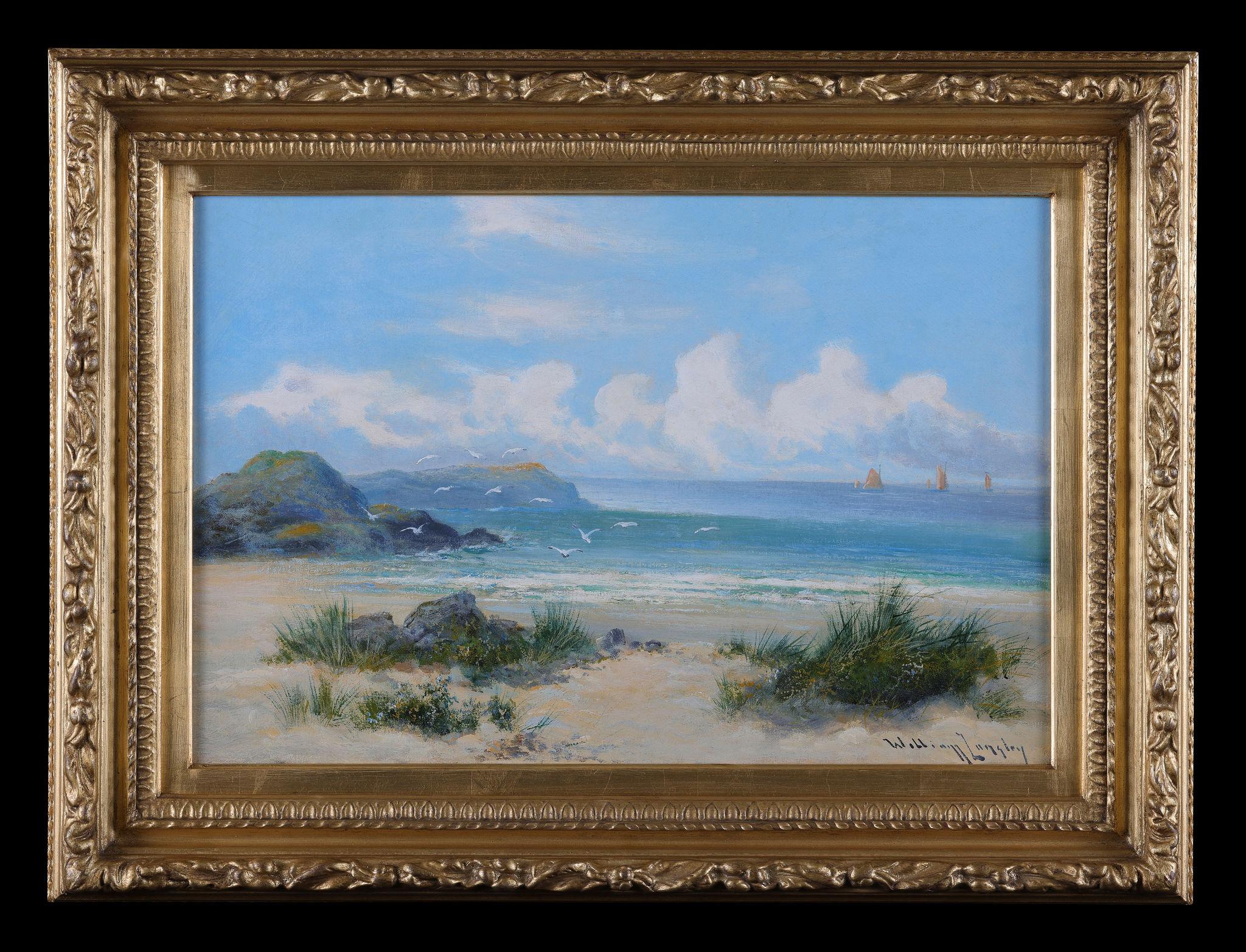 Landscape Painting William Langley - Peinture ancienne encadrée à l'huile sur toile : "Regard sur la mer avec des bateaux".