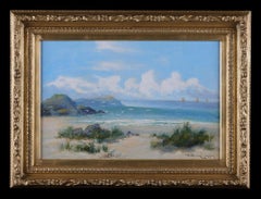 Cuadro antiguo al óleo sobre lienzo enmarcado: 'Mirando al mar con barcos'