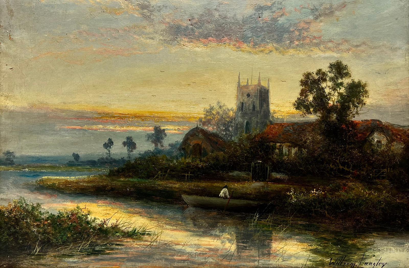 Óleo inglés eduardiano Paisaje fluvial con iglesia al atardecer - Painting de William Langley